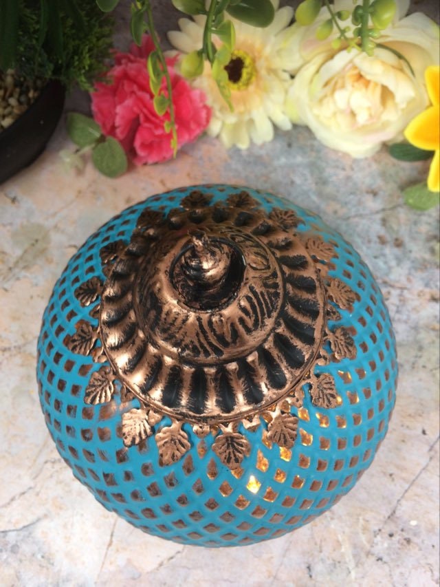 Moroccan Style LED Lantern Blue Pattern with Bronze Finish Lights up Home Decor H18