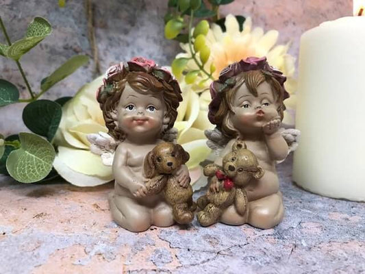 Pair of Guardian Angel Figurine Cherub Holding Teddy Statue Ornament Sculpture-Osiris Craftworks