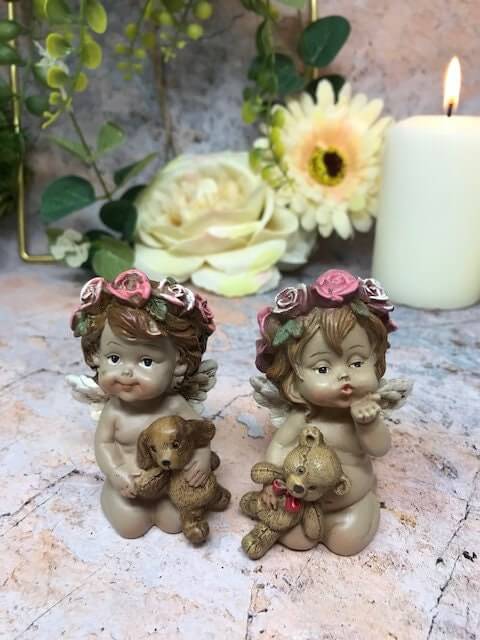 Pair of Guardian Angel Figurine Cherub Holding Teddy Statue Ornament Sculpture-Osiris Craftworks