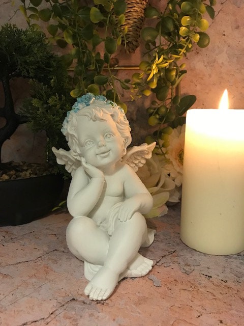 Charming Guardian Angel Cherub Figurine, Thoughtful Statue, Peaceful Angelic Ornament, Inspirational Sculpture, Delicate Home Decor Accent-Osiris Craftworks