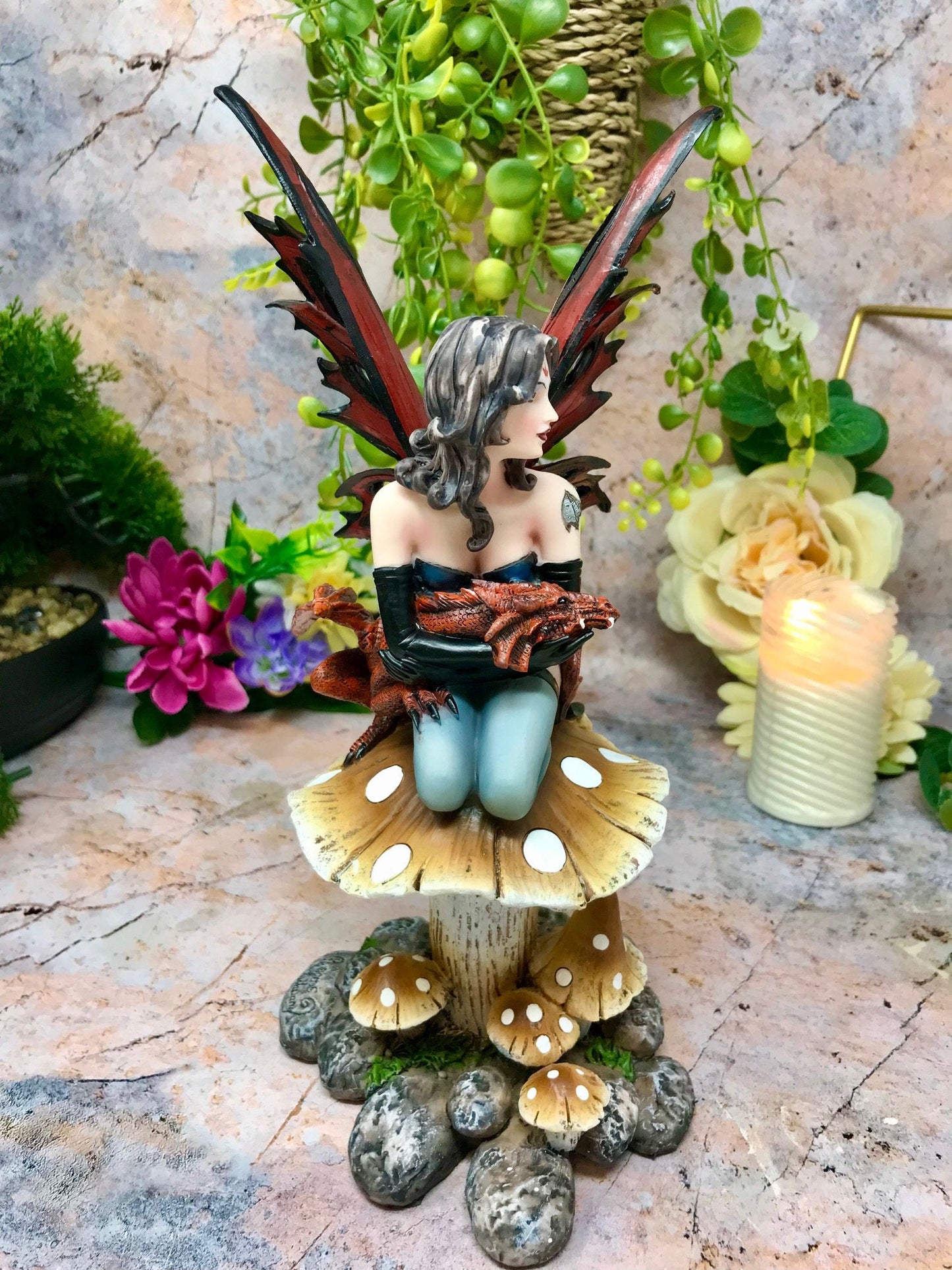 Gothic Fairy on Toadstool Statue, Dark Fantasy Figurine, Enigmatic Fairy with Dragon, Mystic Forest Decor Sculpture, Captivating Fae Art-Osiris Craftworks