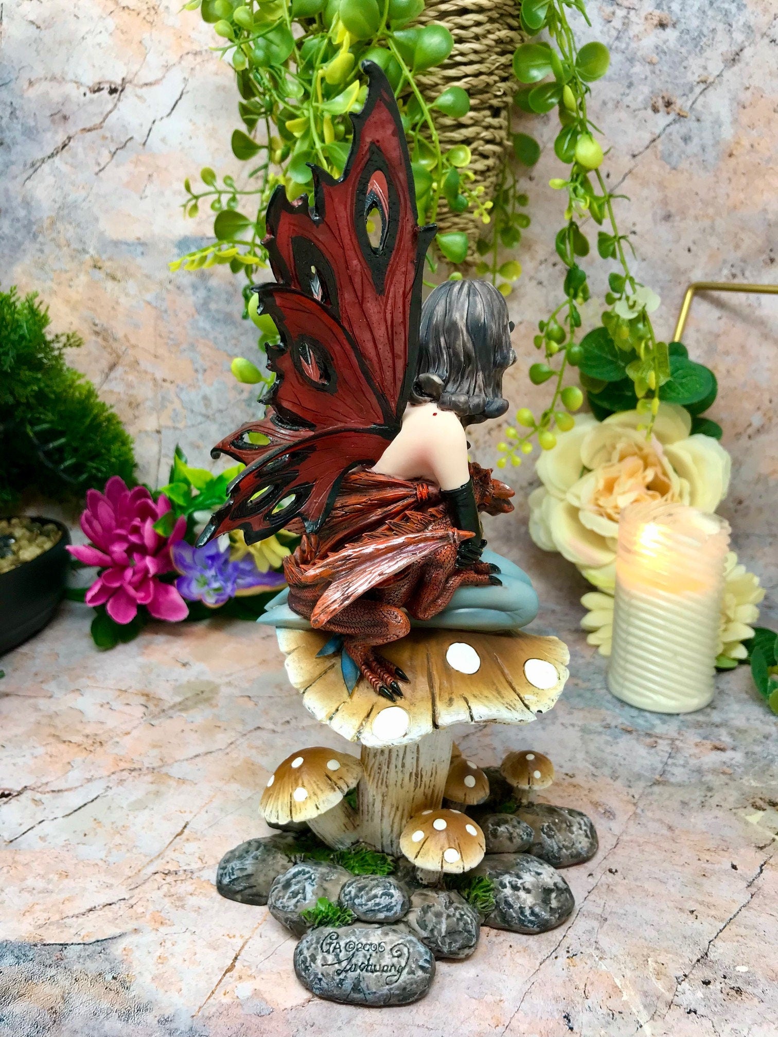 Gothic Fairy on Toadstool Statue, Dark Fantasy Figurine, Enigmatic Fairy with Dragon, Mystic Forest Decor Sculpture, Captivating Fae Art-Osiris Craftworks