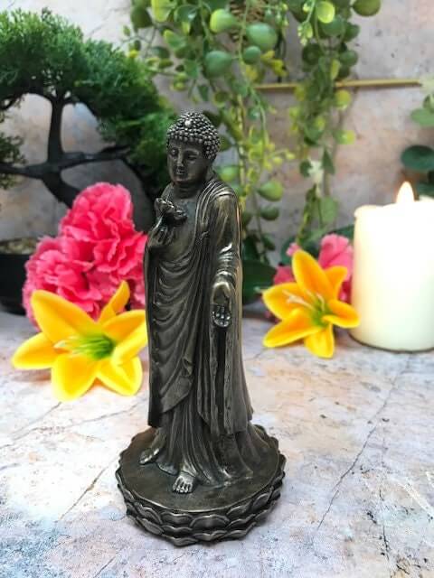 Bronze-Effect Resin Buddha with Lotus | Feng Shui Decor | Meditation Zen Statue | Serene Home Ornament, 14cm