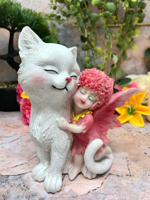 Cherished Companions Fairy and Cat Figurine, Tender Embrace Fantasy Sculpture, Whimsical Fairy with Feline Friend, Heartwarming Animal Decor-Osiris Craftworks