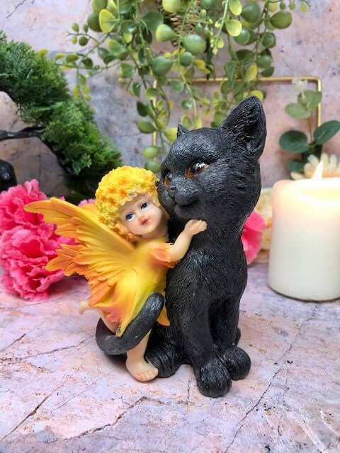 Enchanted Friendship Figurine – Handcrafted Resin Fairy and Black Cat Statue, Charming Home Decor, Magical Companion Duo, Fantasy Gift-Osiris Craftworks