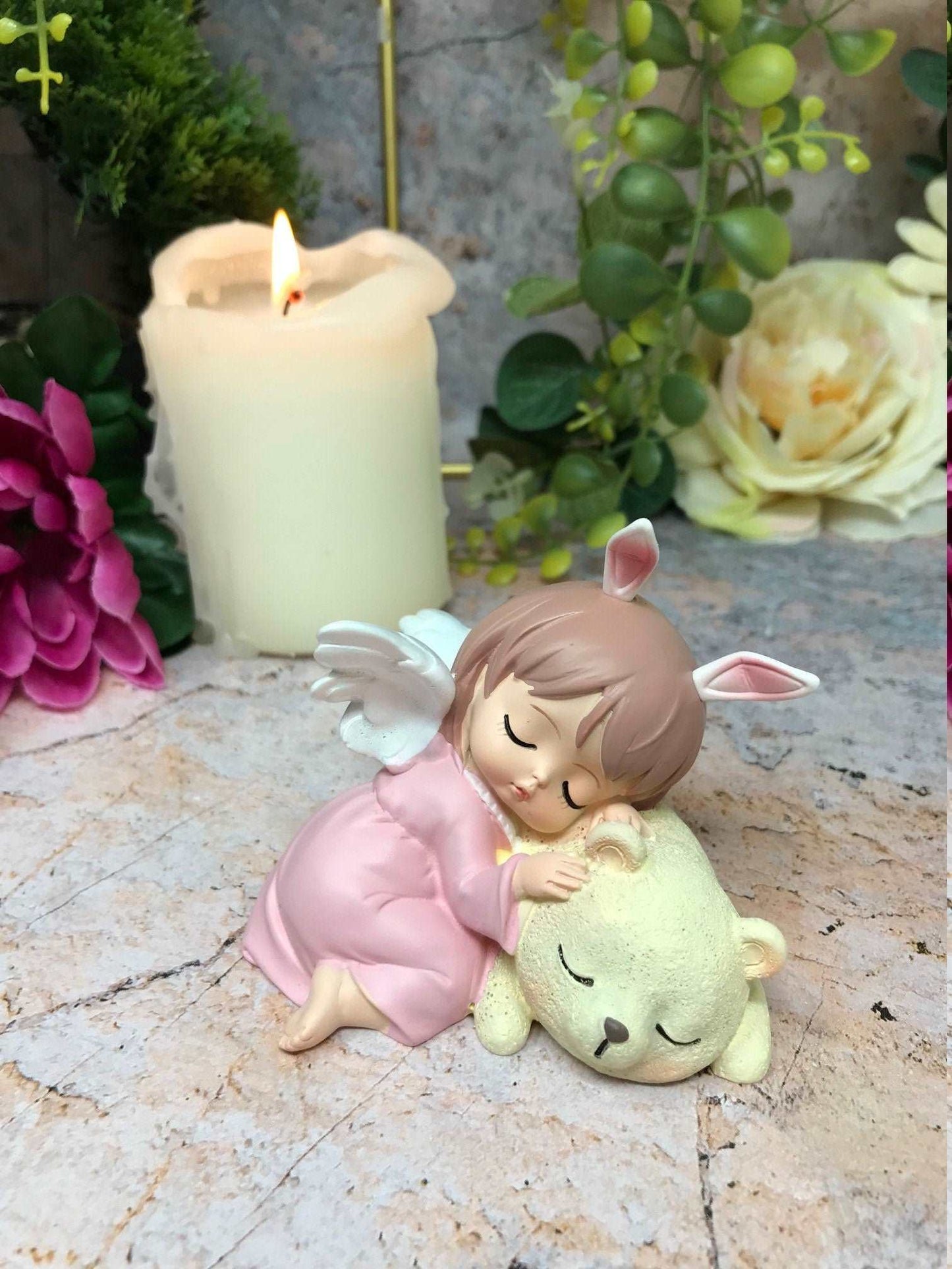 Angel Baby Girl with Bear Companion Figurine, Tender Cherub Sculpture, Sweet Fantasy Collectible, Whimsical Nursery Decor, Charming Statue-Osiris Craftworks