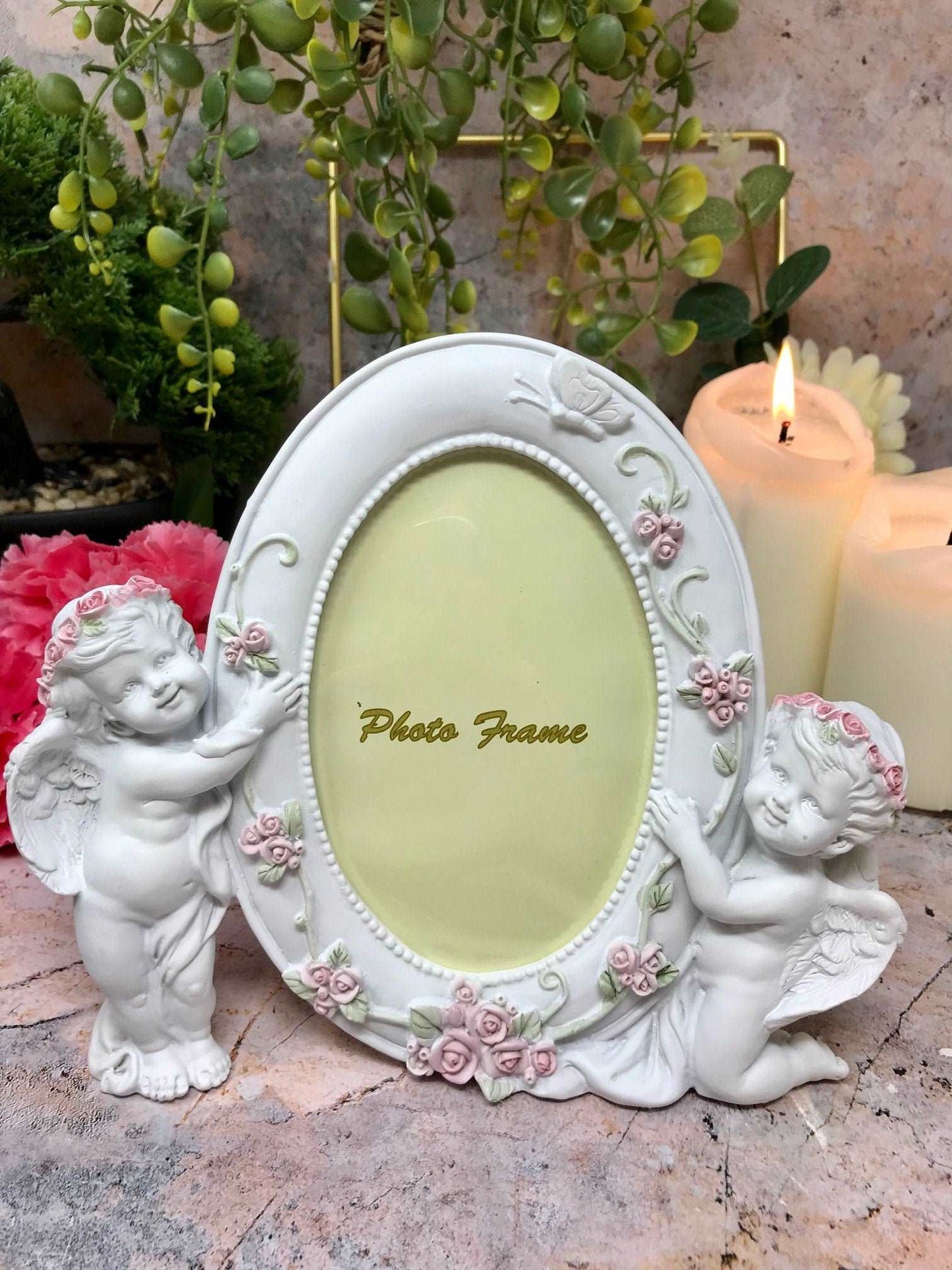 Angelic Cherubs Photo Frame, Heavenly Twin Angels Picture Holder, Enchanting Nursery Decor, Seraphic Keepsake Frame, Divine Love Accent-Osiris Craftworks