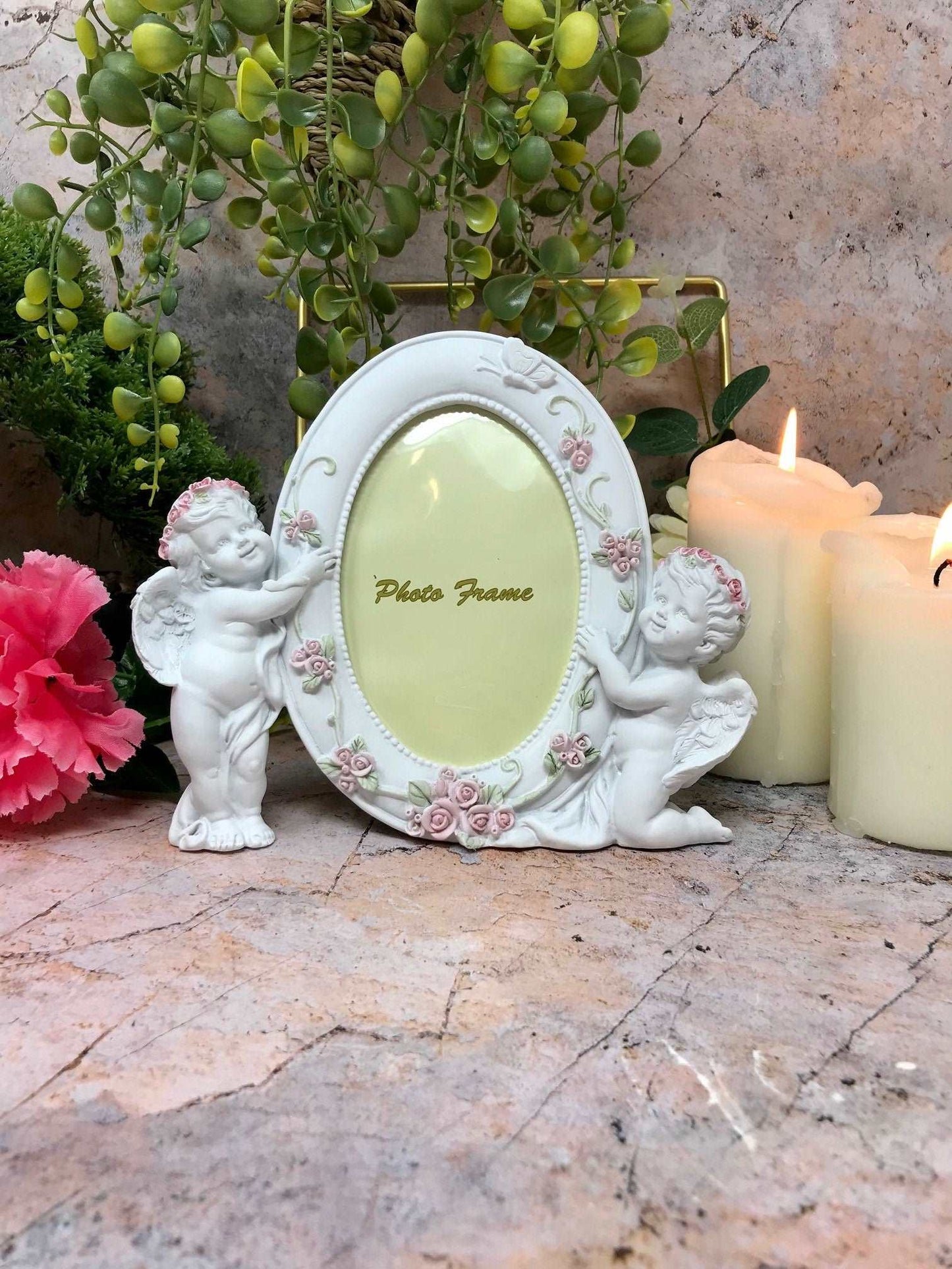 Angelic Cherubs Photo Frame, Heavenly Twin Angels Picture Holder, Enchanting Nursery Decor, Seraphic Keepsake Frame, Divine Love Accent-Osiris Craftworks