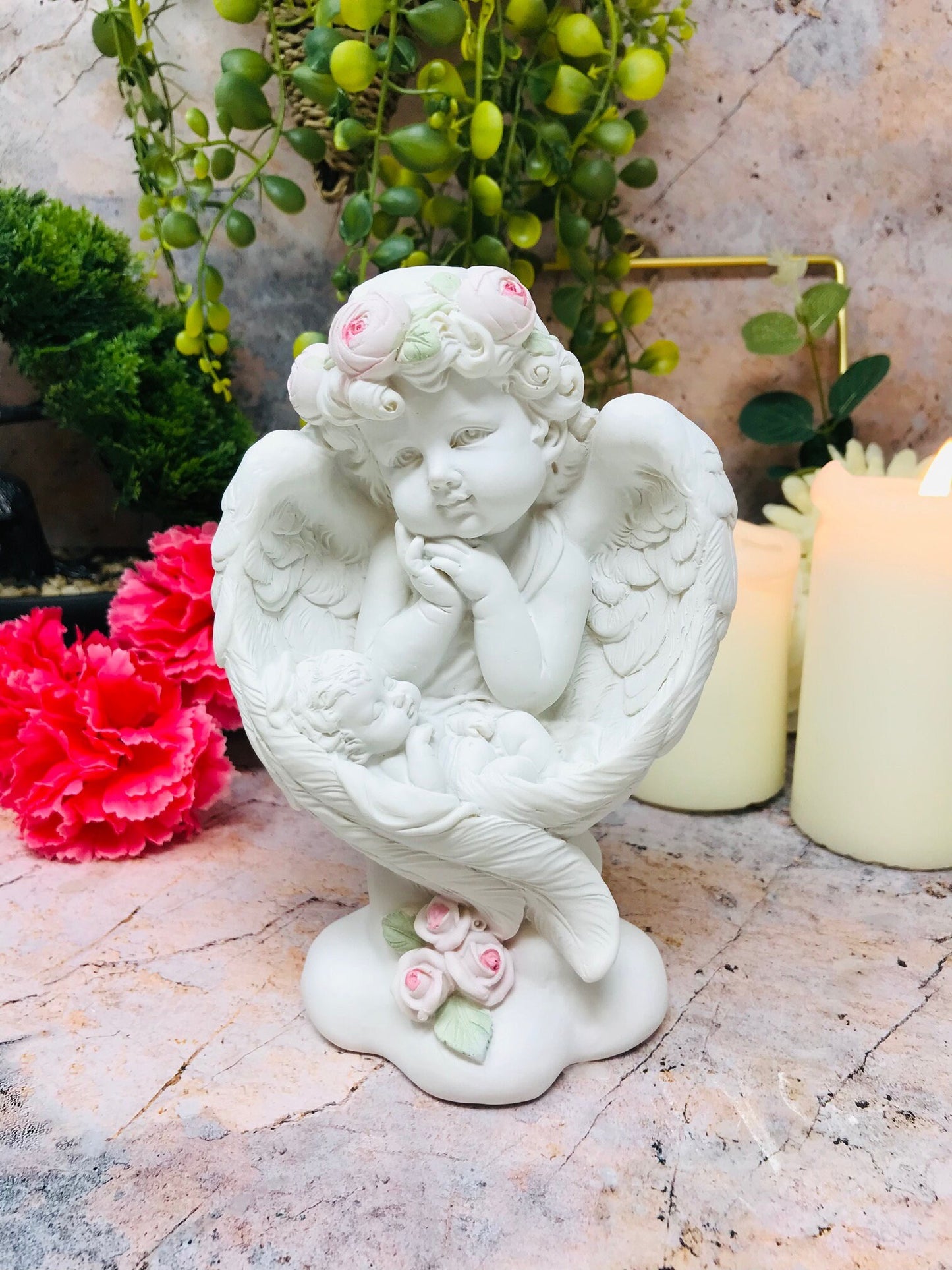 Cherubic Angel Figurine with Roses, Serene Cherub Statue, Angelic Home Decor, Graceful Child Ornament, Inspirational Peaceful Tabletop Art-Osiris Craftworks