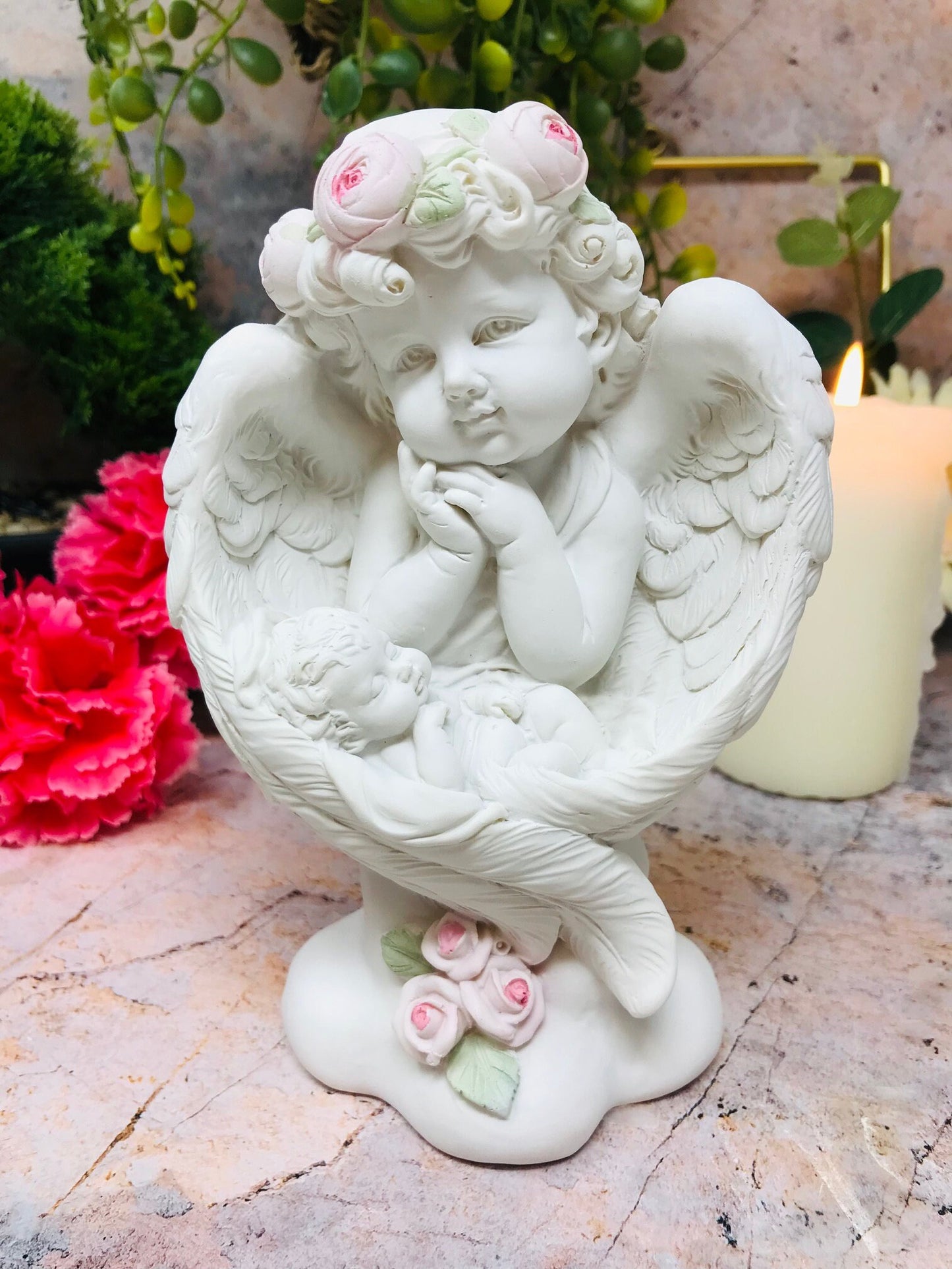 Cherubic Angel Figurine with Roses, Serene Cherub Statue, Angelic Home Decor, Graceful Child Ornament, Inspirational Peaceful Tabletop Art-Osiris Craftworks