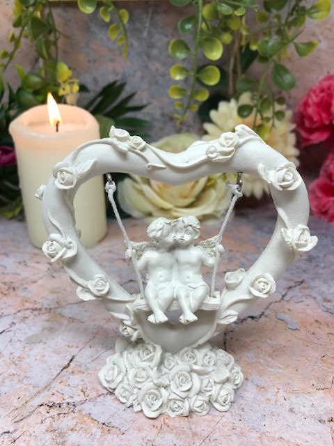 Pretty Pair of Angel Cherubs Sitting On Swing inside Rose Covered Heart Ornament-Osiris Craftworks