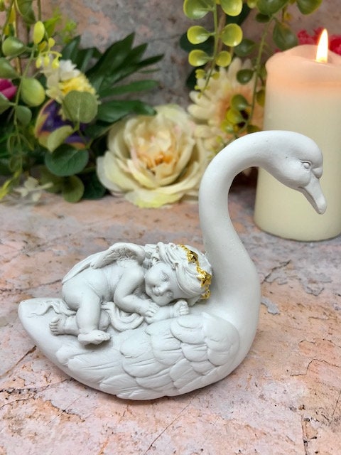 Pair of Guardian Angel Figurine Cherubs on Swan Statue Ornament Sculpture-Osiris Craftworks