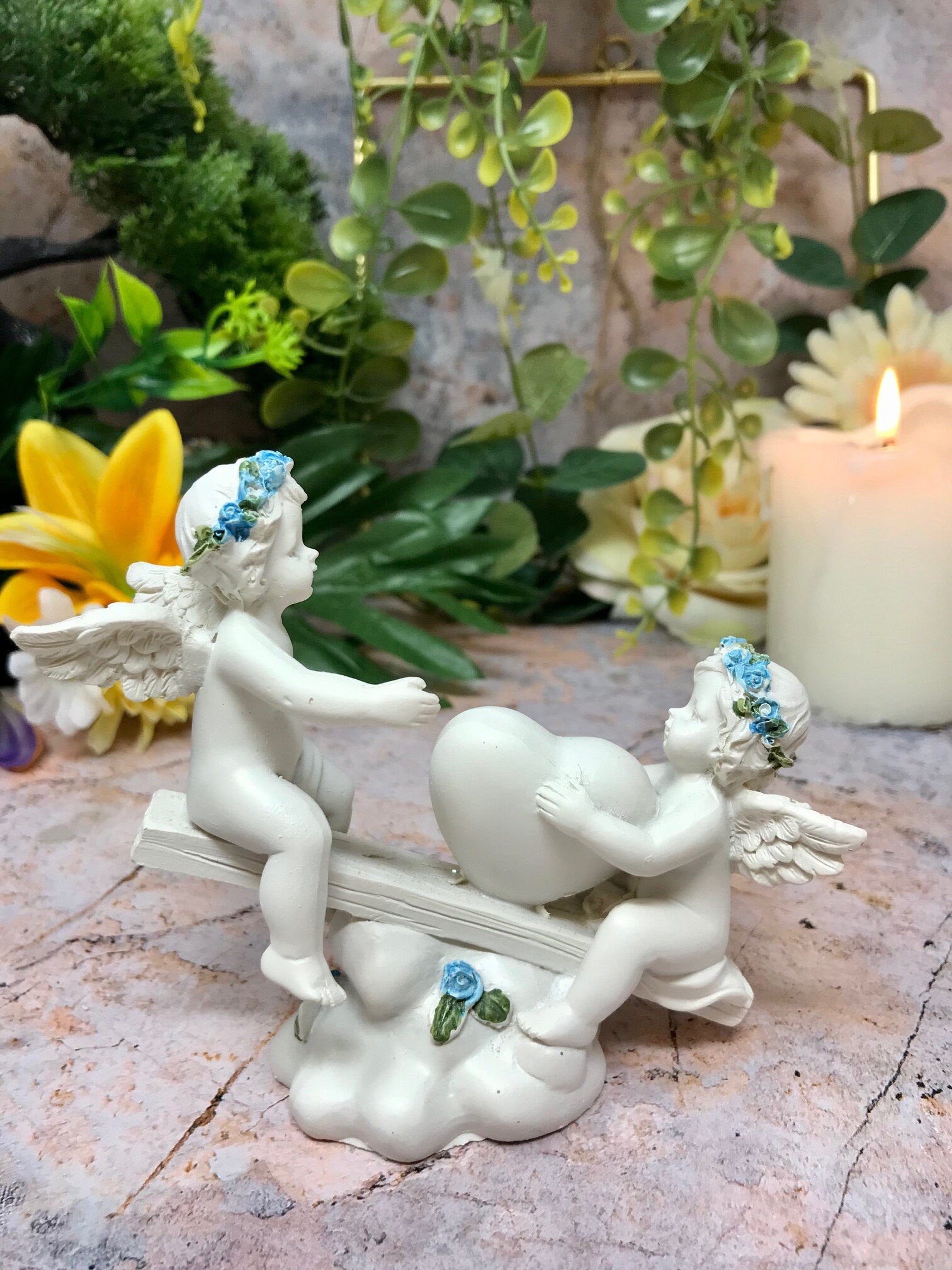 Heavenly Delight: Cherubs Embracing Heart on Seesaw Decorative Sculpture-Osiris Craftworks