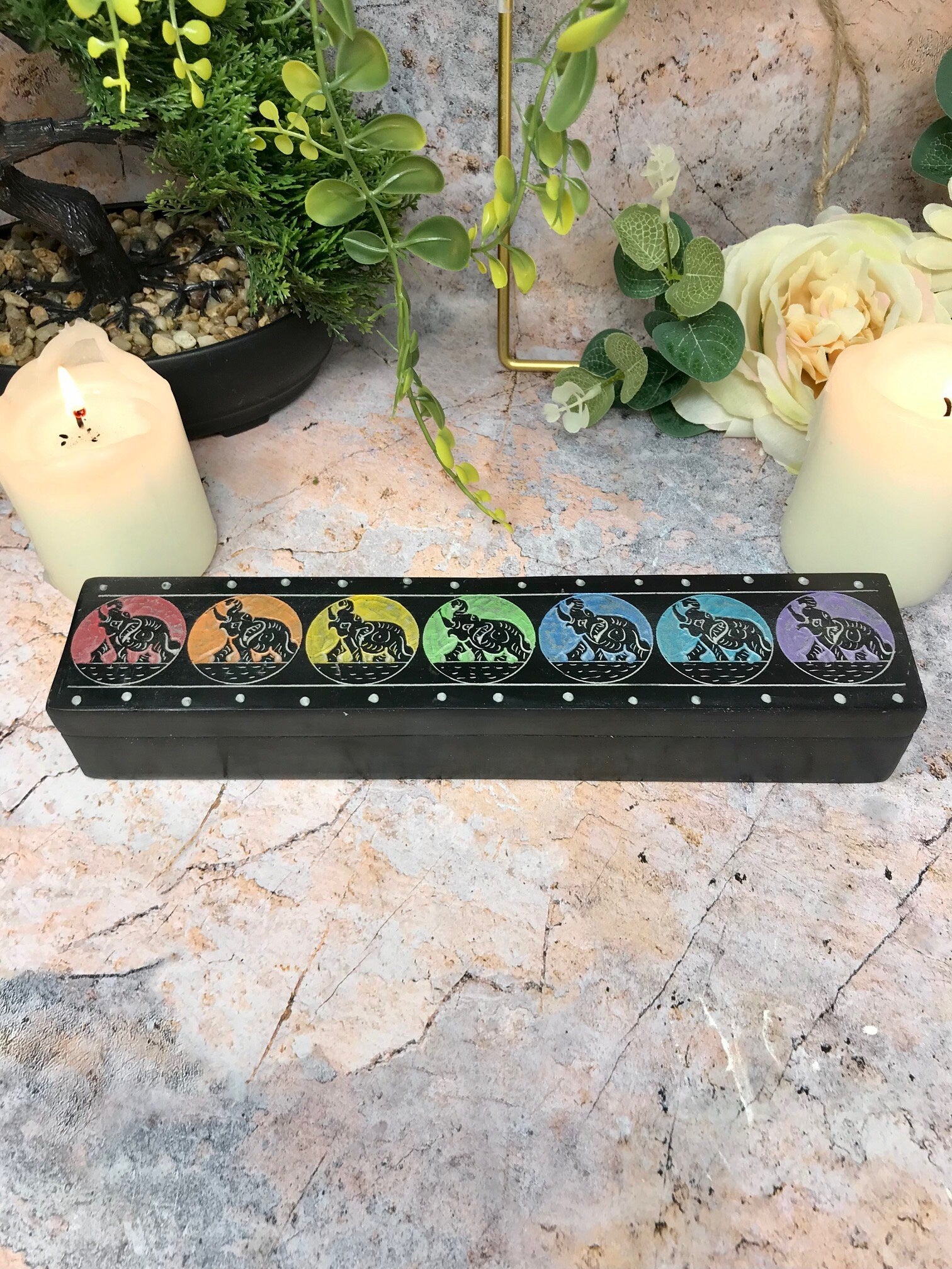 Hand-Carved Soapstone Box with Chakra Designs - Spiritual Storage - Aromatherapy Essential Oil Box - Unique Gift Idea 25cm x 5cm-Osiris Craftworks