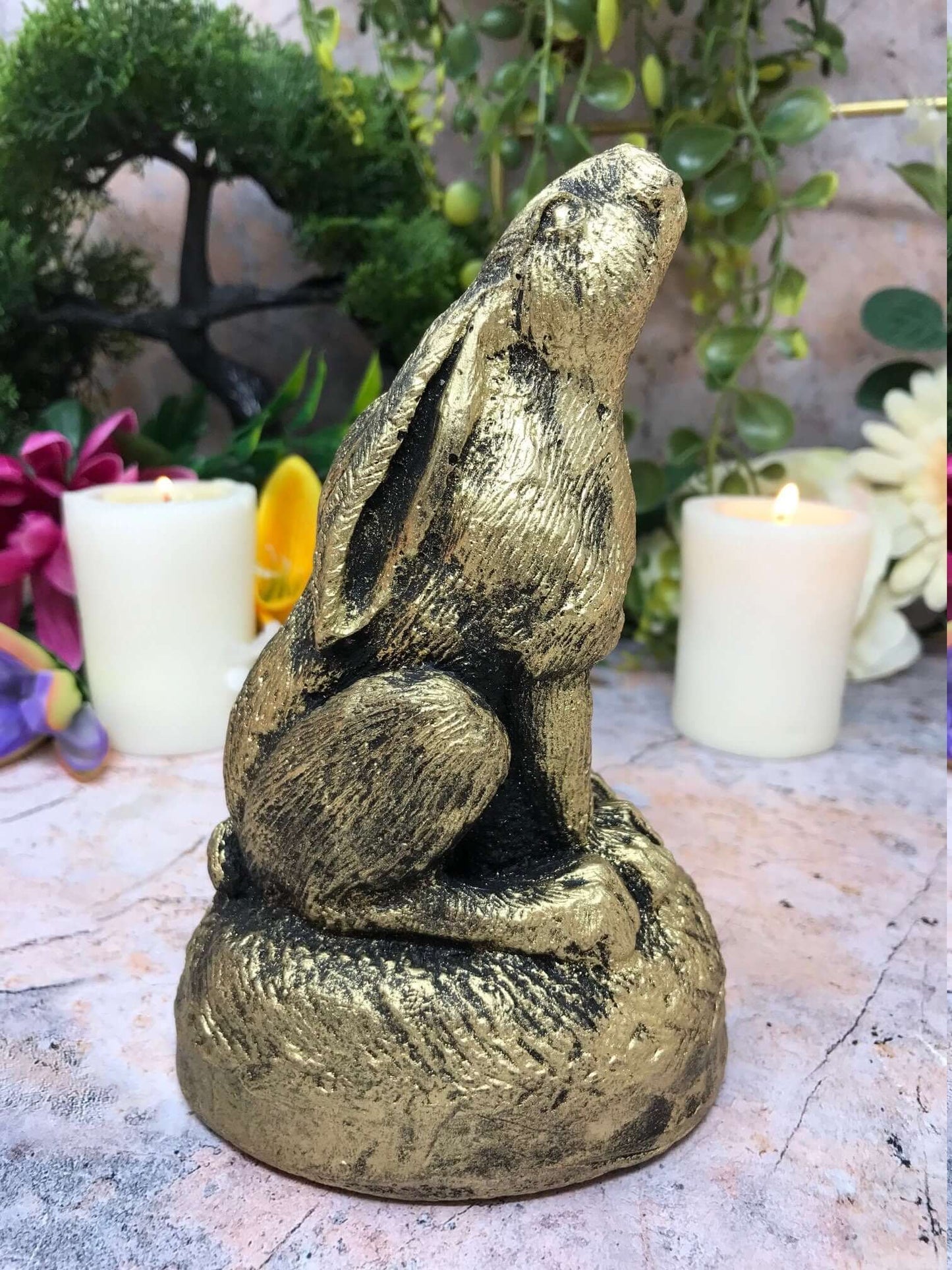 Antique Gold Effect Moon Gazing Hare Pagan Statue Wiccan Sculpture Ornament