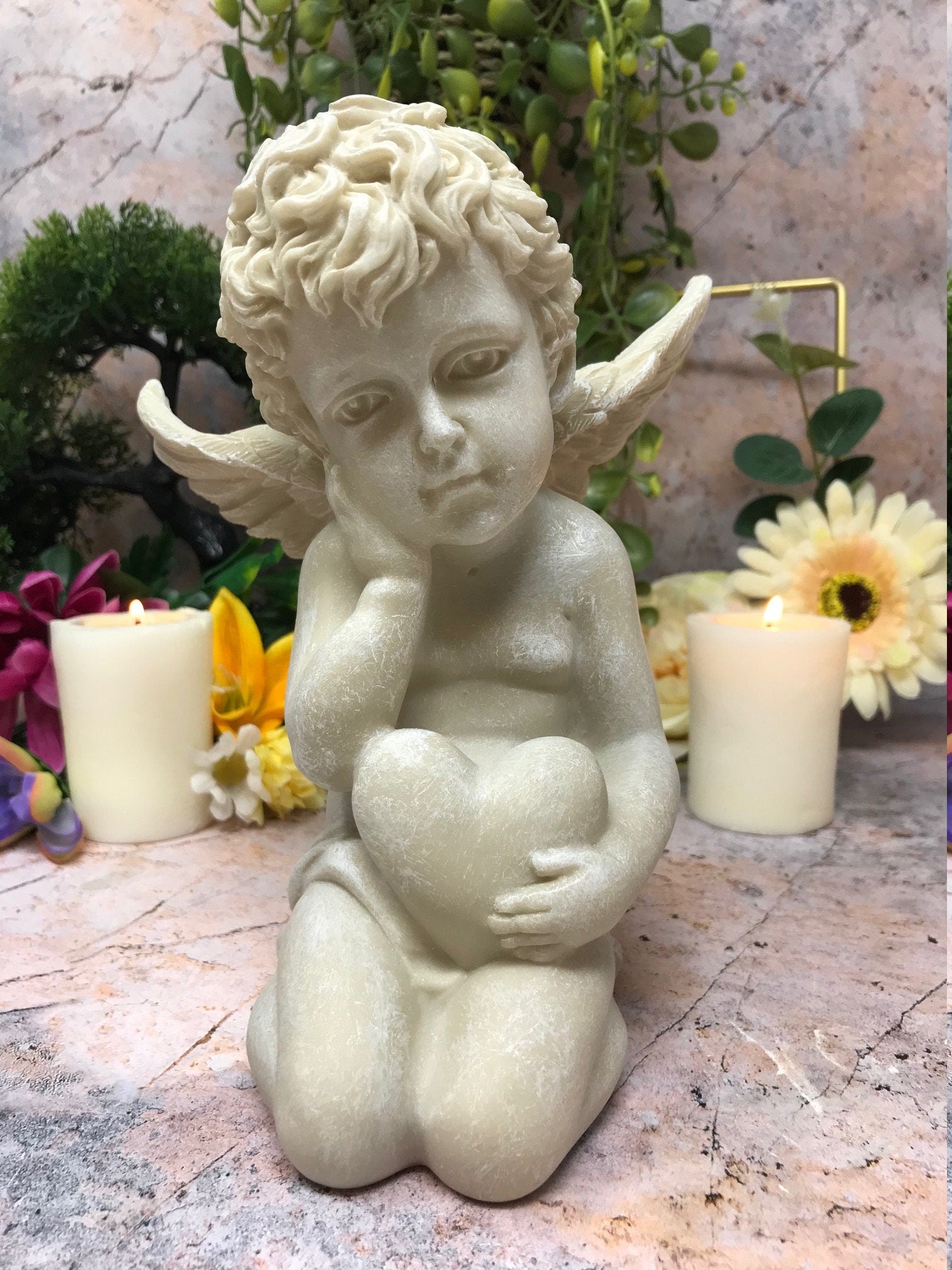 Serene Cherub Holding Heart Statue, Tranquil Memorial Angel Sculpture, Peaceful Garden Ornament, Tender Graveside Decor, Angelic Love Symbol-Osiris Craftworks