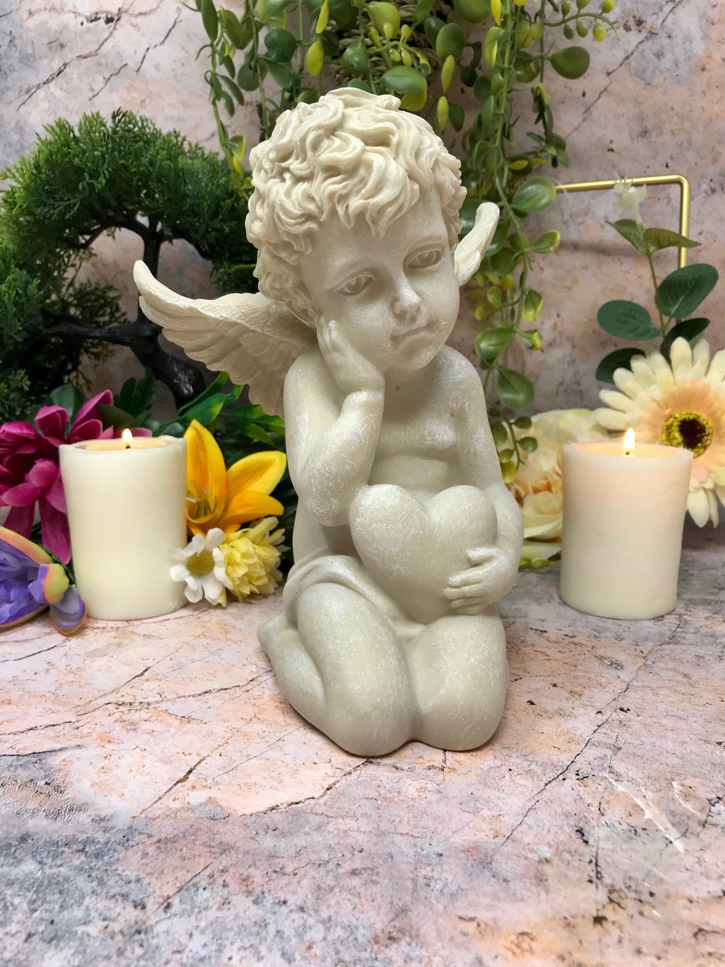 Serene Cherub Holding Heart Statue, Tranquil Memorial Angel Sculpture, Peaceful Garden Ornament, Tender Graveside Decor, Angelic Love Symbol-Osiris Craftworks