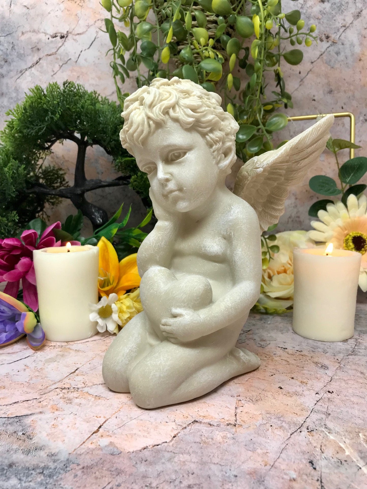 Serene Cherub Holding Heart Statue, Tranquil Memorial Angel Sculpture, Peaceful Garden Ornament, Tender Graveside Decor, Angelic Love Symbol-Osiris Craftworks