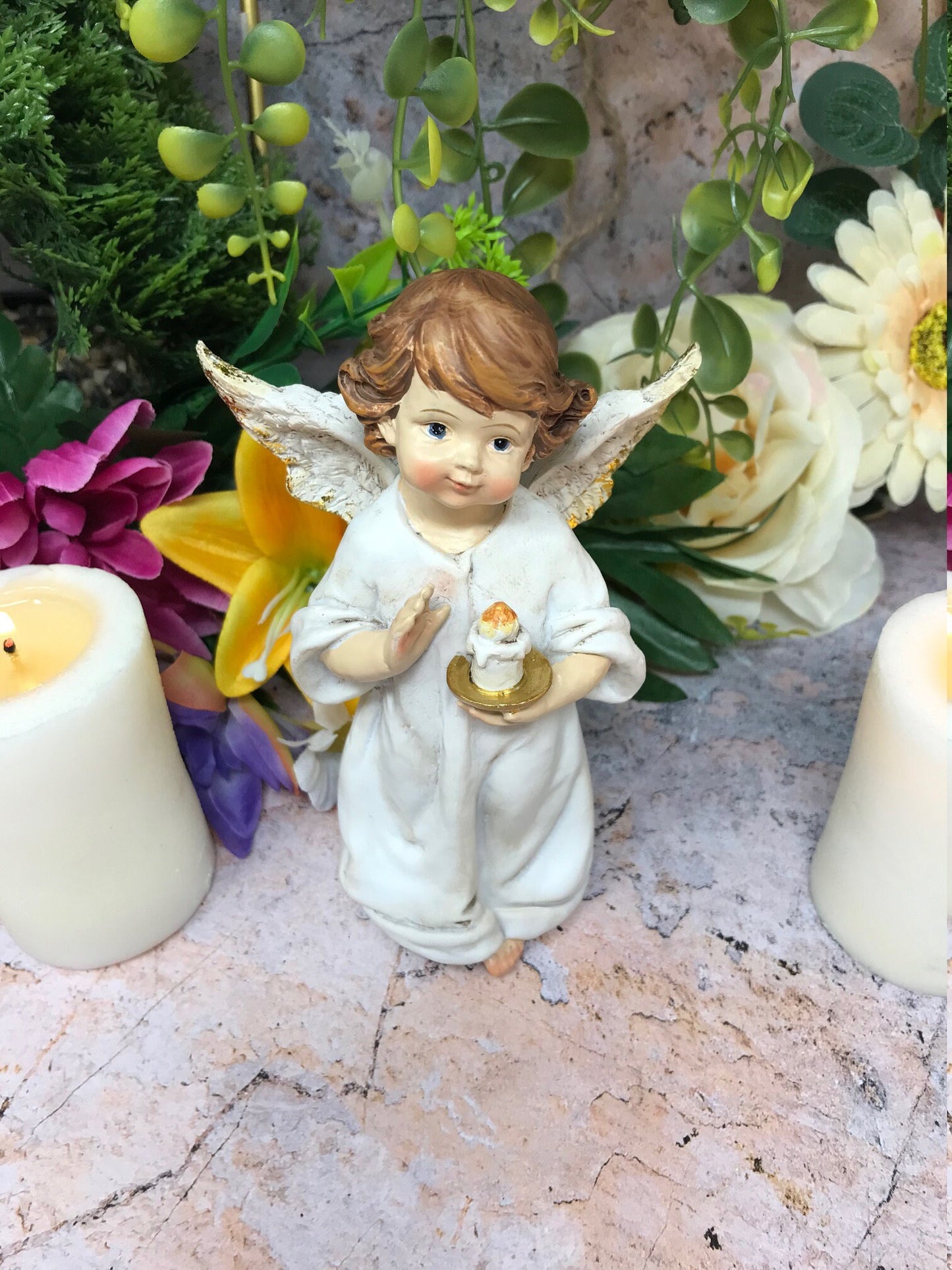 Guardian Angel Figurine Cherub Holding Candle Statue Ornament Sculpture Angels Collection-Osiris Craftworks