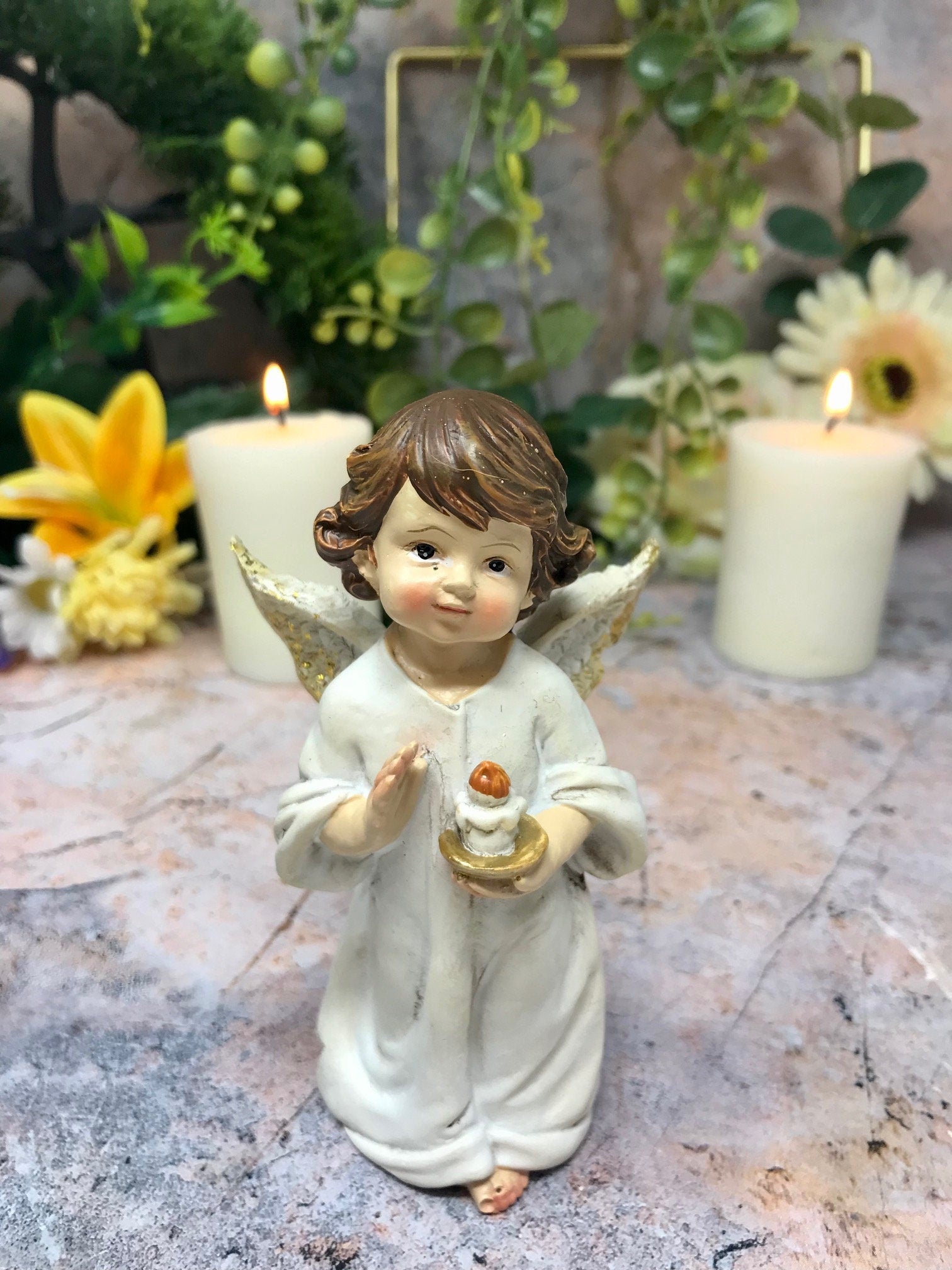 Guardian Angel Figurine Cherub Holding Candle Statue Ornament Sculpture-Osiris Craftworks