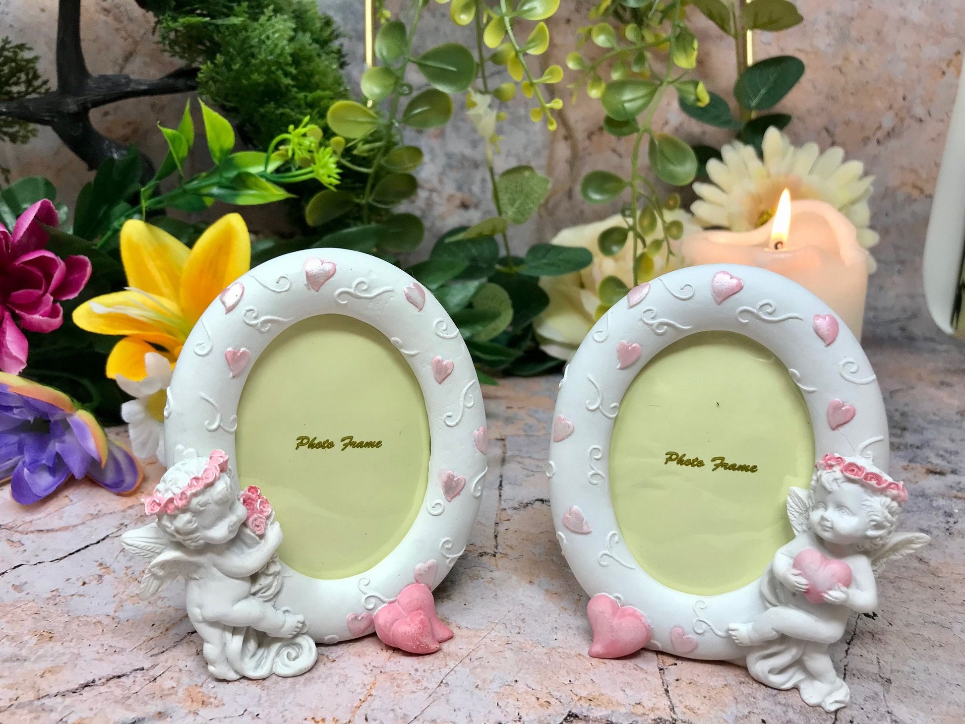 Pair of Guardian Angel Figurine Cherub Photo Frame Statue Ornament Sculpture-Osiris Craftworks