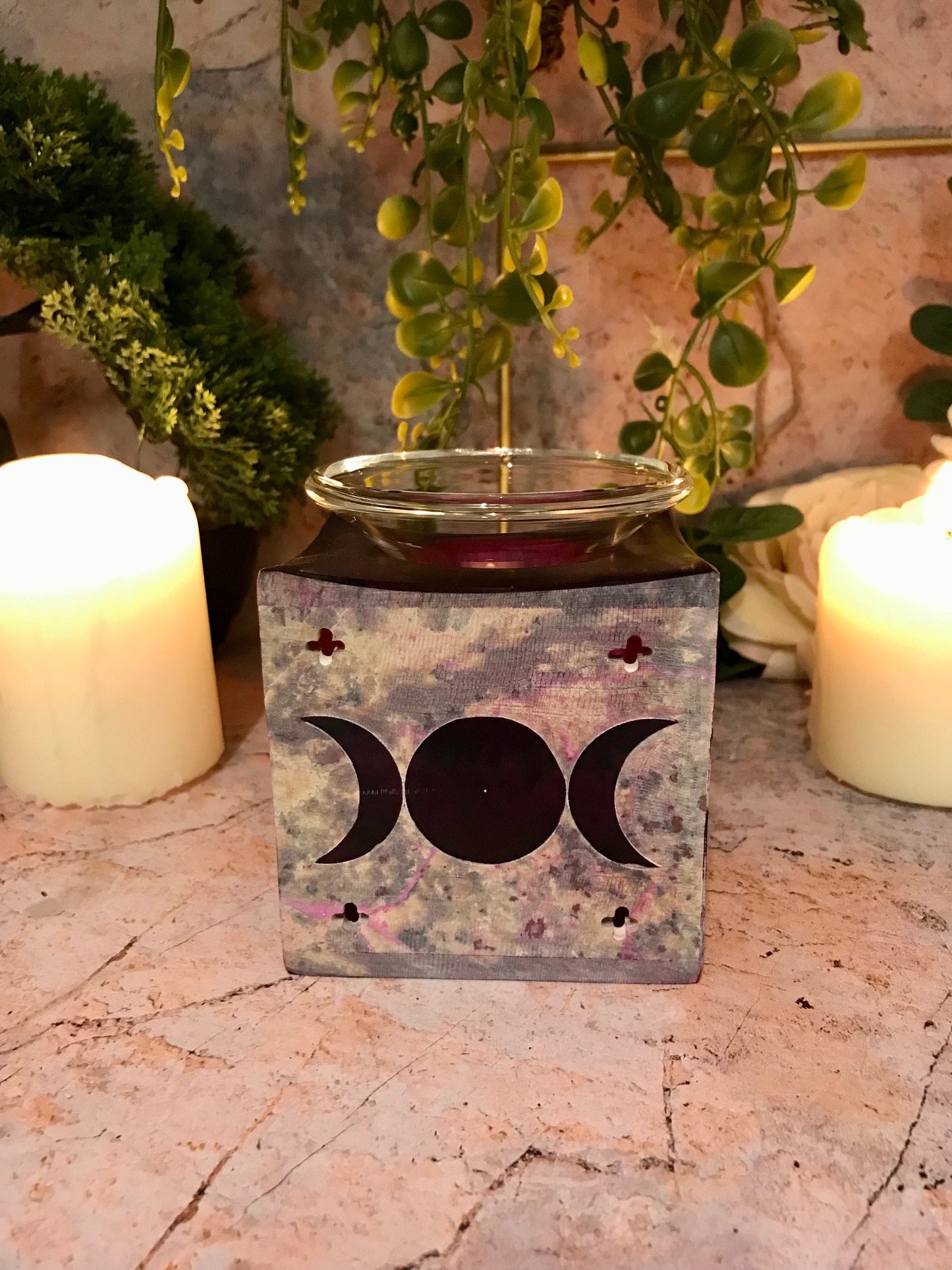 Brûleur à huile en stéatite Triple Moon Goddess Aromathérapie Wicca Pagan Decor