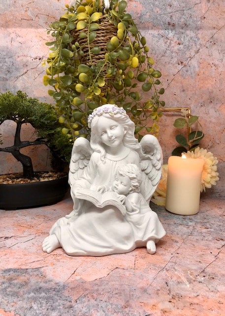 Guardian Angel and Child Reading Serene Statue, Angelic Figurine Ornament, Inspirational Book Lovers Gift, Home Blessing Spiritual Sculpture-Osiris Craftworks