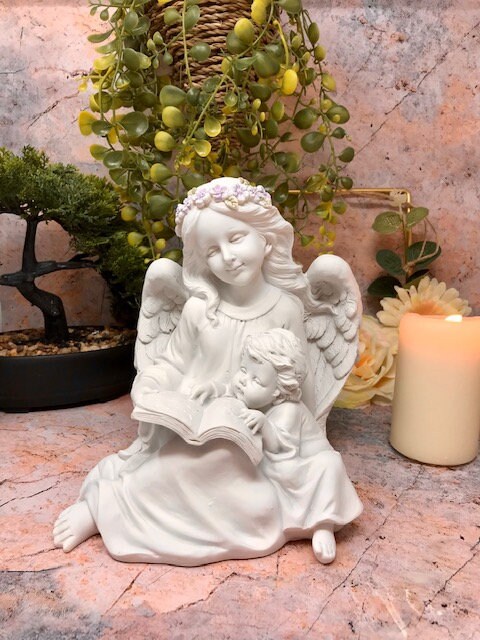 Guardian Angel and Child Reading Serene Statue, Angelic Figurine Ornament, Inspirational Book Lovers Gift, Home Blessing Spiritual Sculpture-Osiris Craftworks