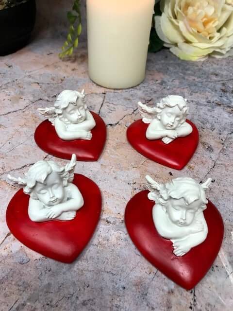 Set of Four Guardian Angel Cherub Sleeping on Hearts Statue Ornament Sculpture-Osiris Craftworks