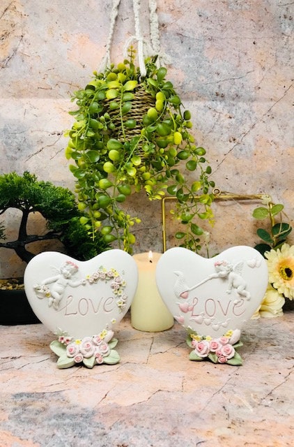 Cherub Love Heart Figurines, Romantic Angel Statues, Pair of Guardian Ornaments, Charming Sculpture Decor, Ideal Wedding or Anniversary Gift-Osiris Craftworks