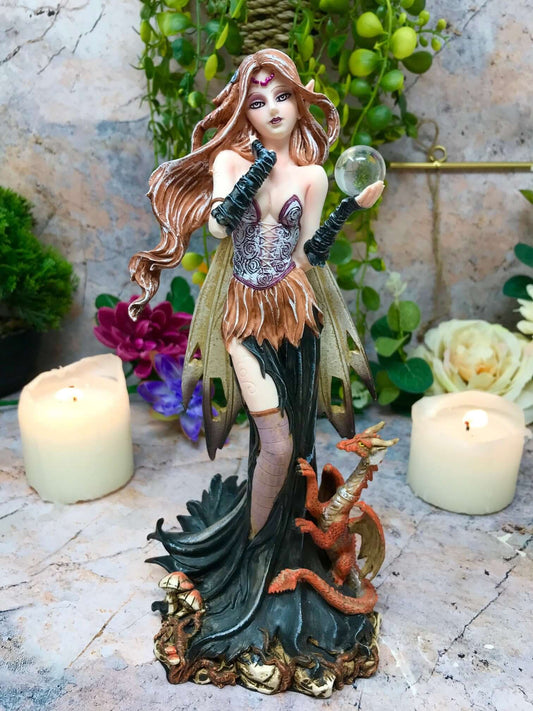 Enchanted Fairy and Dragon Figurine with Crystal Ball, Fantasy Collectible Statue, Mystical Decor Sculpture, Enchantress Home Accent Piece-Osiris Craftworks