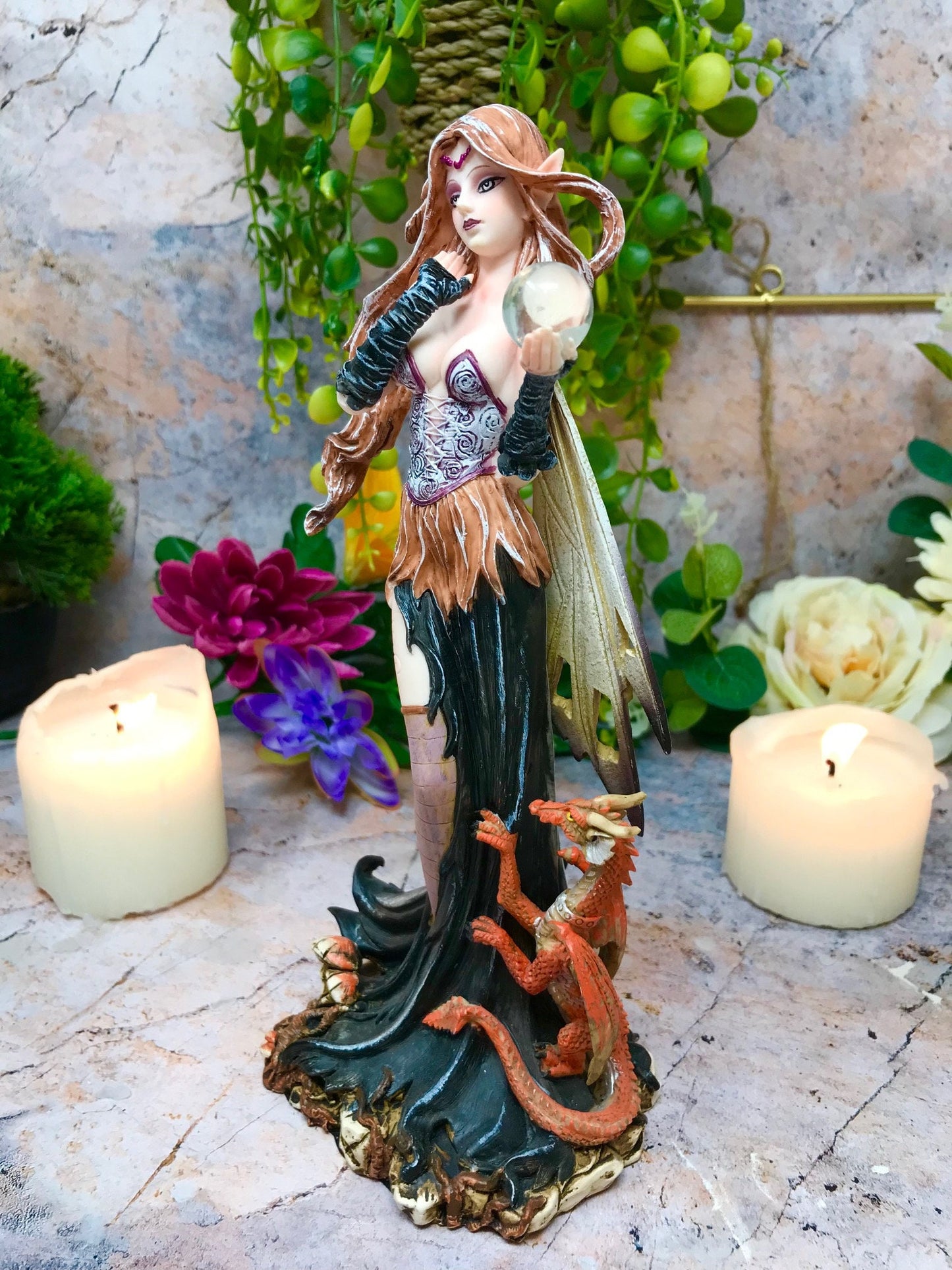 Enchanted Fairy and Dragon Figurine with Crystal Ball, Fantasy Collectible Statue, Mystical Decor Sculpture, Enchantress Home Accent Piece-Osiris Craftworks