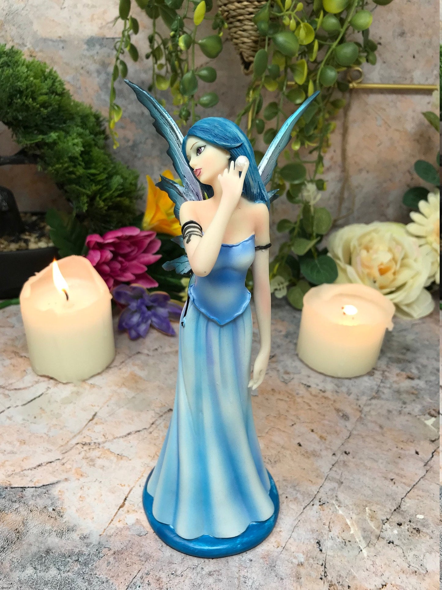 Serene Blue Fairy Holding Pearl Figurine, Mystical Fantasy Statue, Elegant Resin Sculpture, Ethereal Fairies Collection, Enchanted Decor-Osiris Craftworks