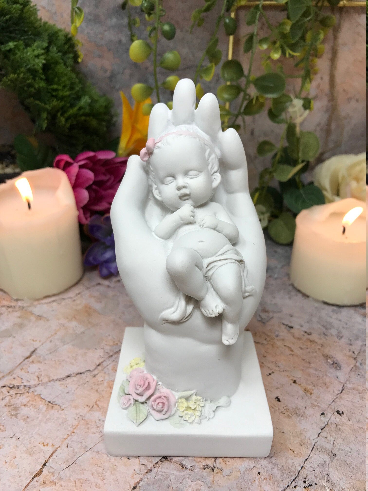 Serene Cherub Slumber in Hand Figurine, Angelic Baby Girl with Pink Roses, Peaceful Nursery Ornament, Angel Statue, Heavenly Child Keepsake-Osiris Craftworks