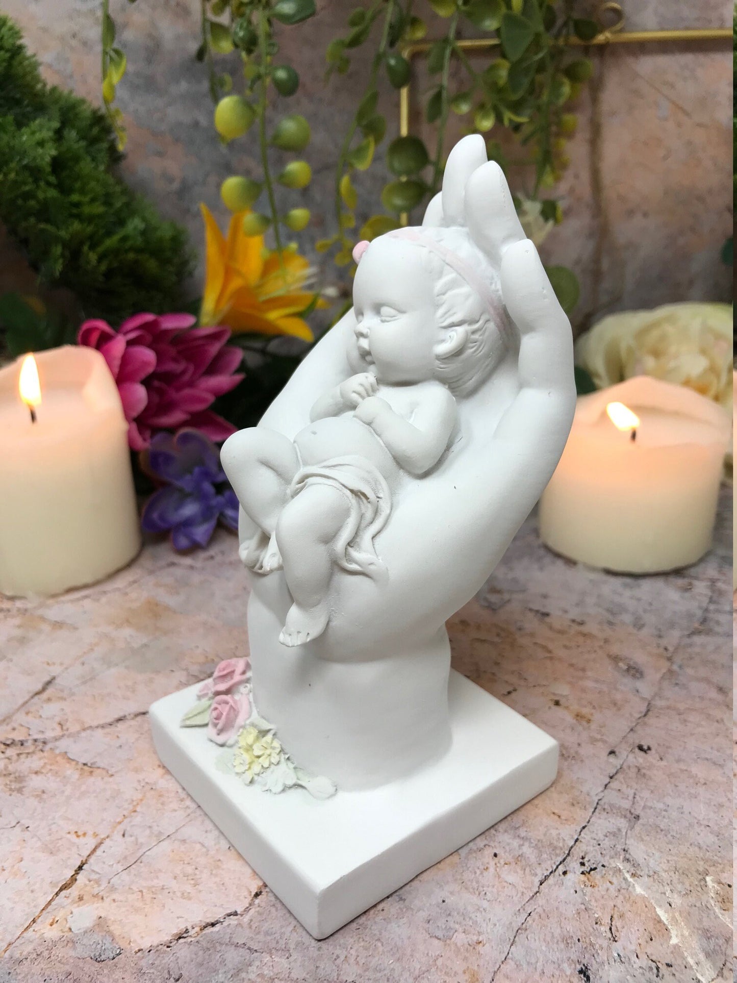 Serene Cherub Slumber in Hand Figurine, Angelic Baby Girl with Pink Roses, Peaceful Nursery Ornament, Angel Statue, Heavenly Child Keepsake-Osiris Craftworks