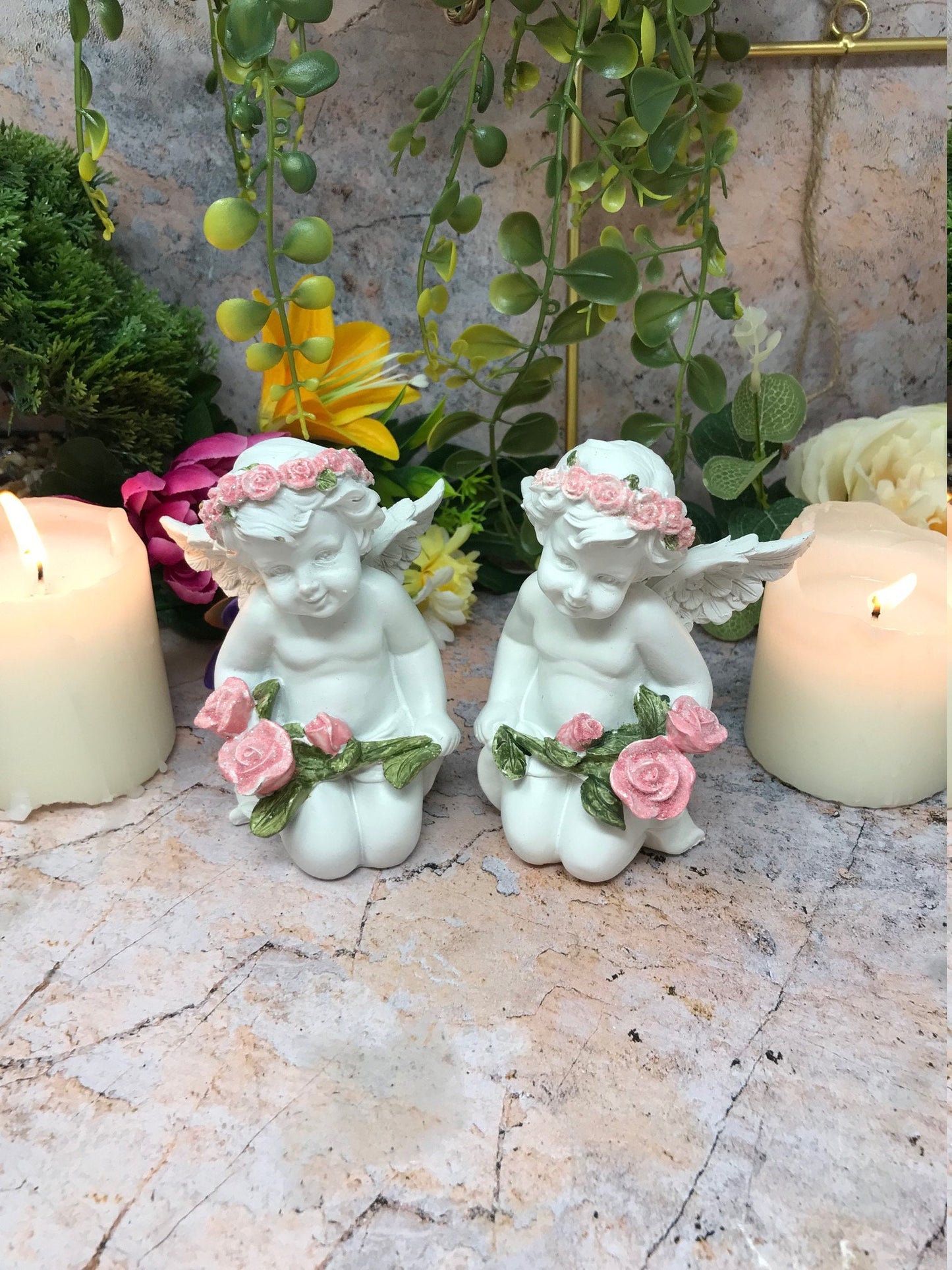 Pair of Guardian Angel Figurine Cherubs with Pink Roses Statue Ornament Sculpture-Osiris Craftworks