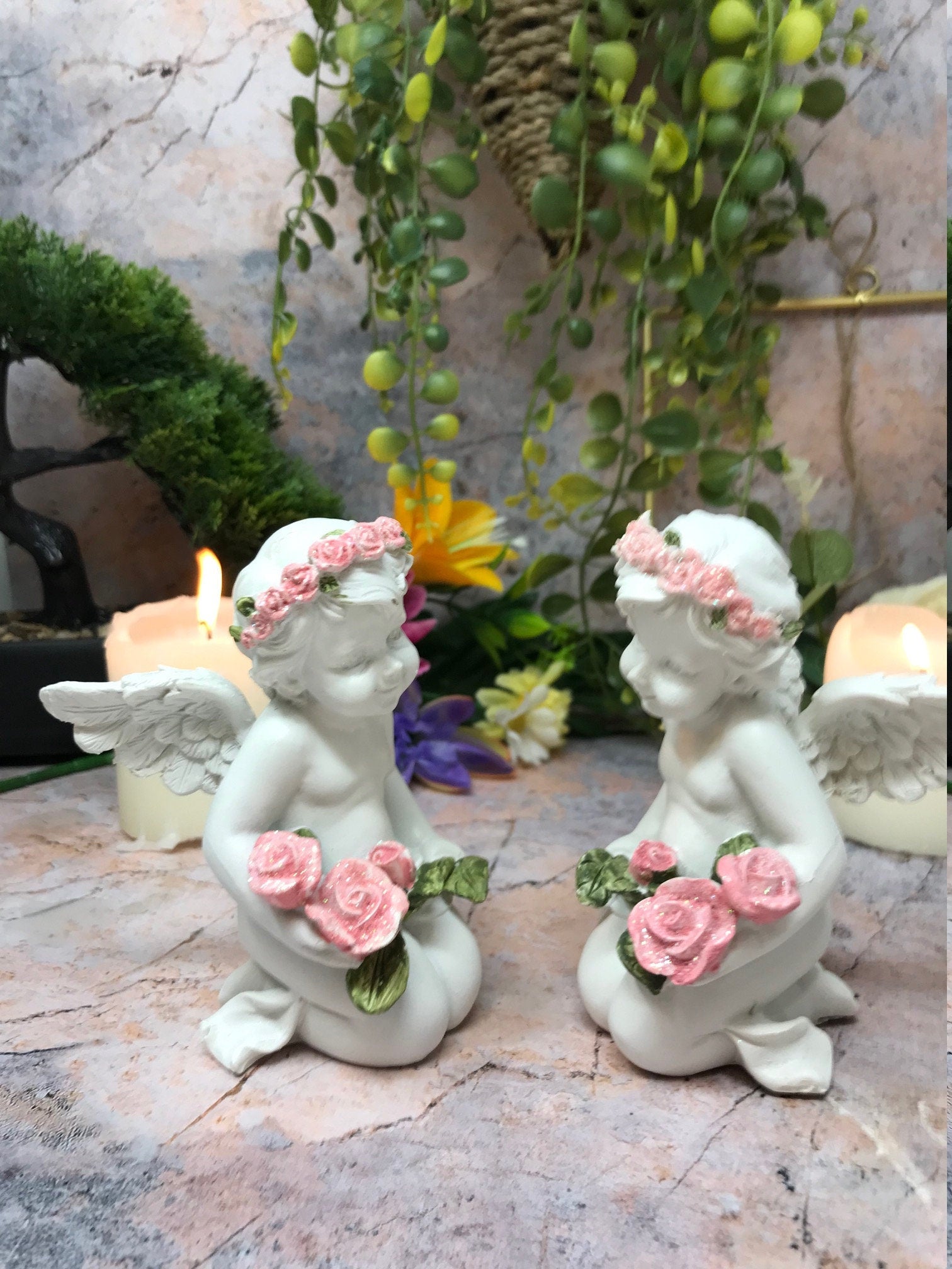 Pair of Guardian Angel Figurine Cherubs with Pink Roses Statue Ornament Sculpture-Osiris Craftworks