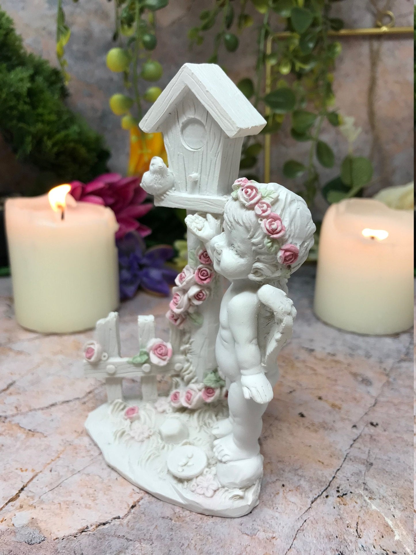 Cherub Angel Statue with Birdhouse, Handcrafted Guardian Angel Figurine, Decorative Home Accent, Unique Spiritual Peaceful Cherub Ornament-Osiris Craftworks