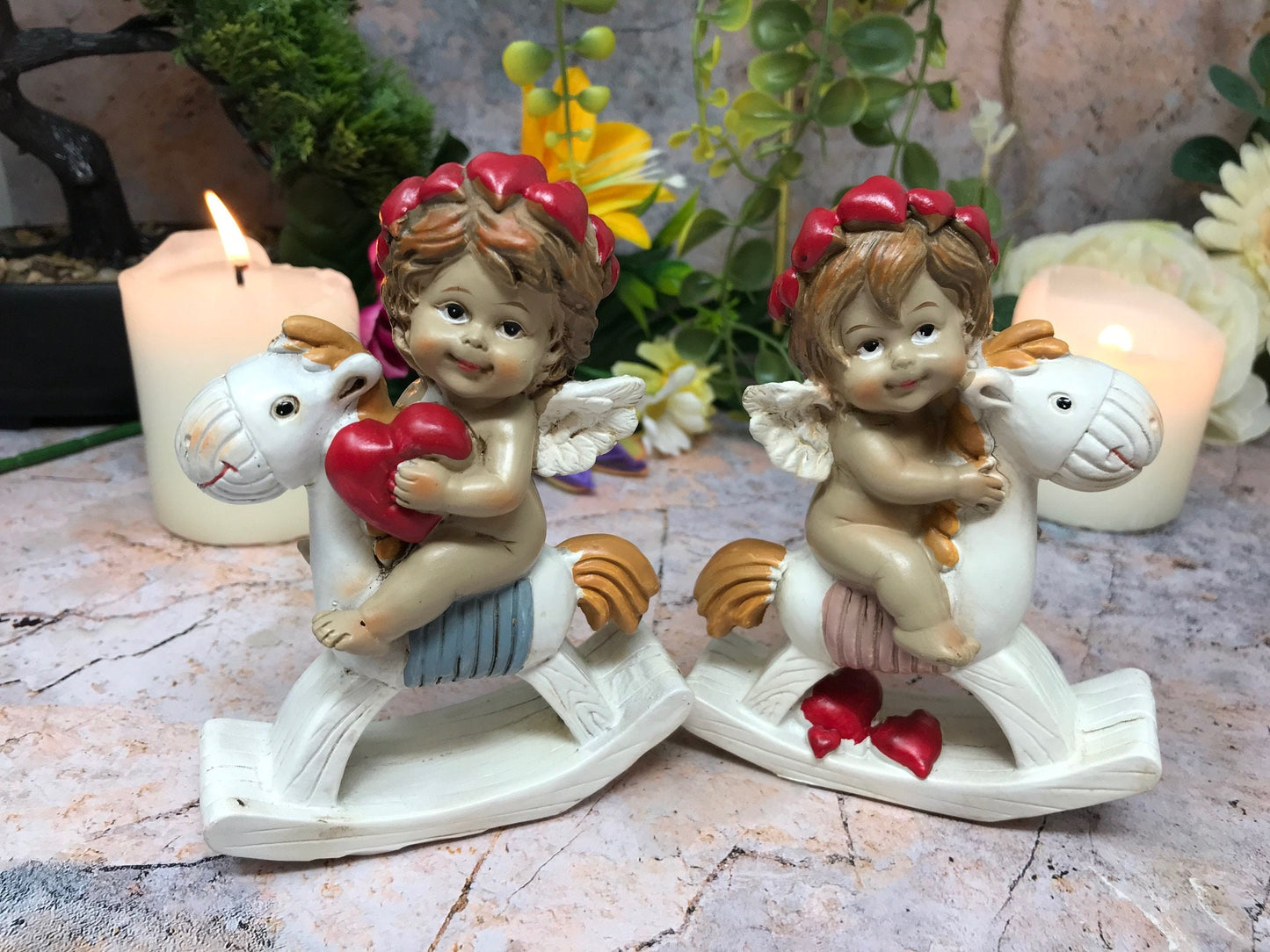 Pair of Guardian Angel Figurine Cherub on Rocking Horse Holding Heart Ornament-Osiris Craftworks