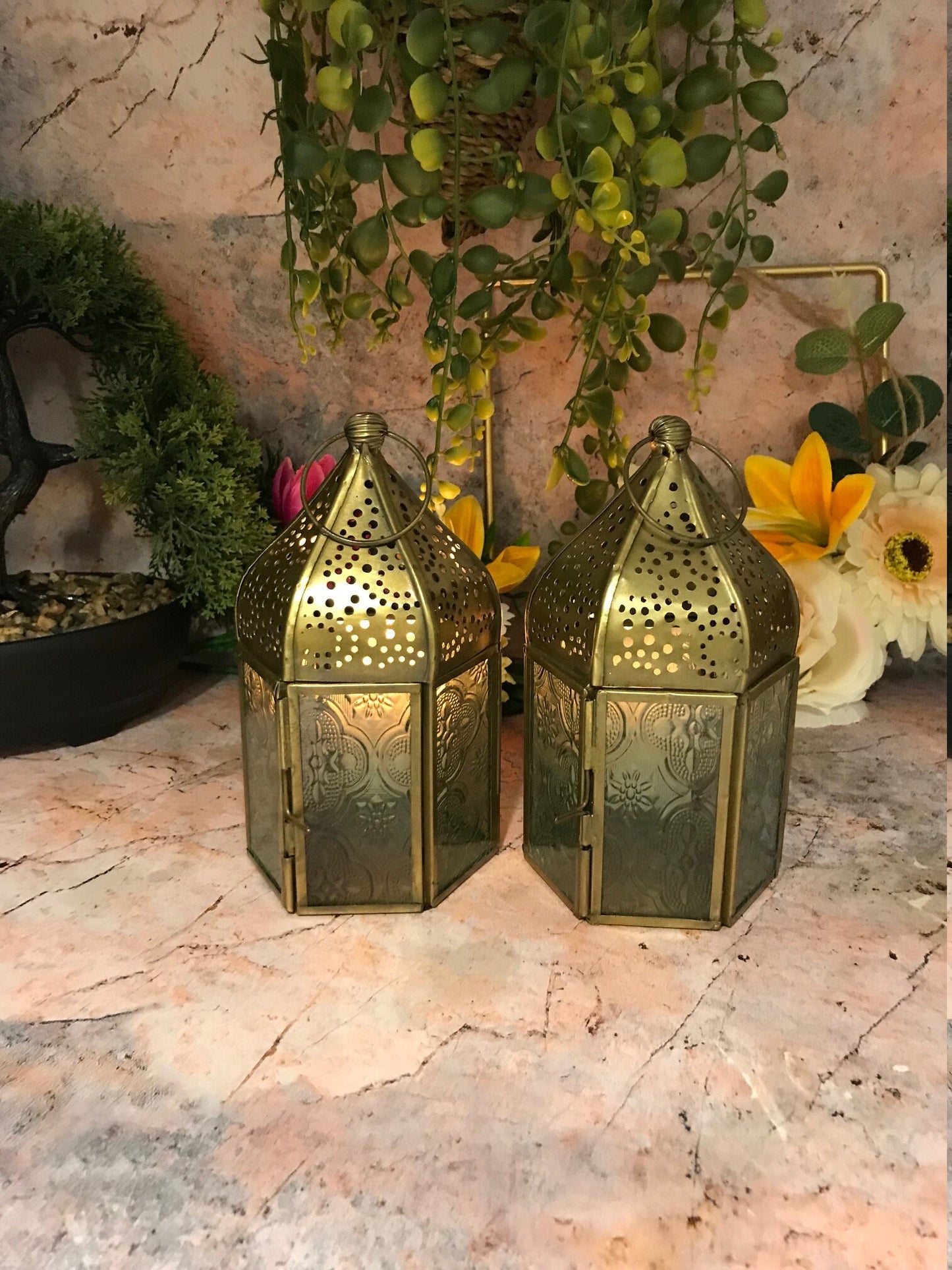 Set of Two Moroccan Style Lanterns Brass Tea Light Candle Holders Ornaments