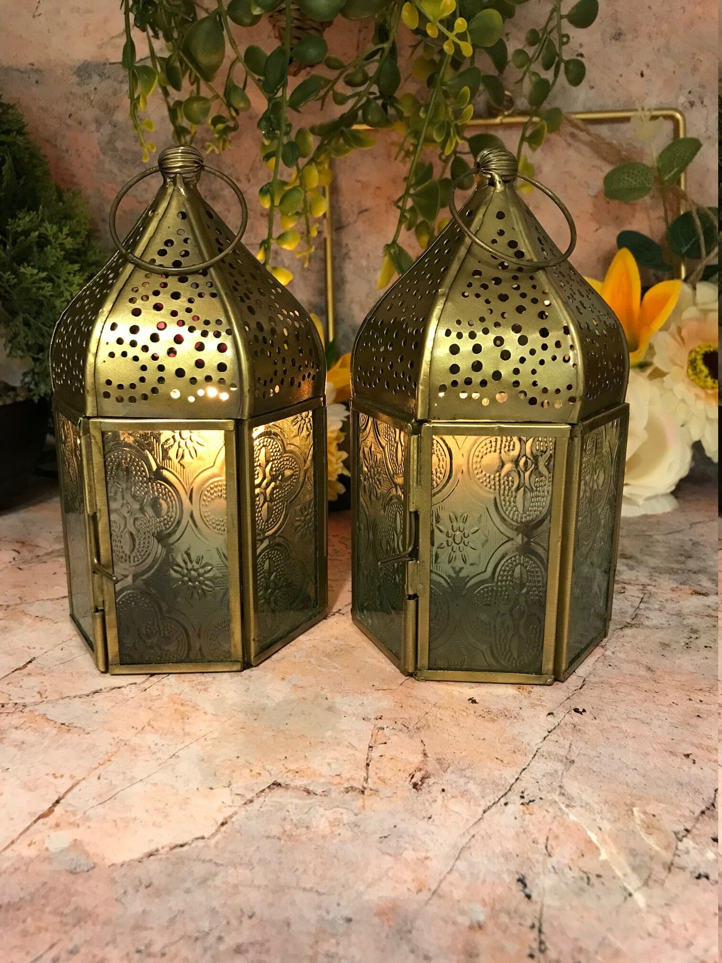 Set of Two Moroccan Style Lanterns Brass Tea Light Candle Holders Ornaments