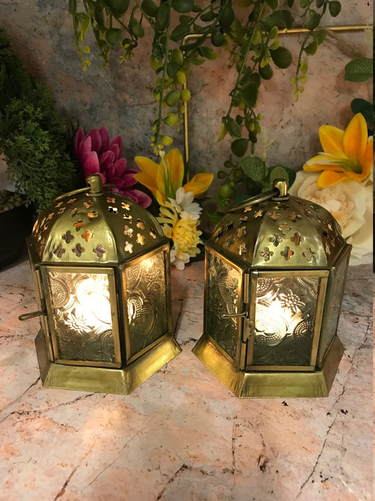 Pair of Moroccan Style Lanterns Brass Antique Tea Light Candle Holders