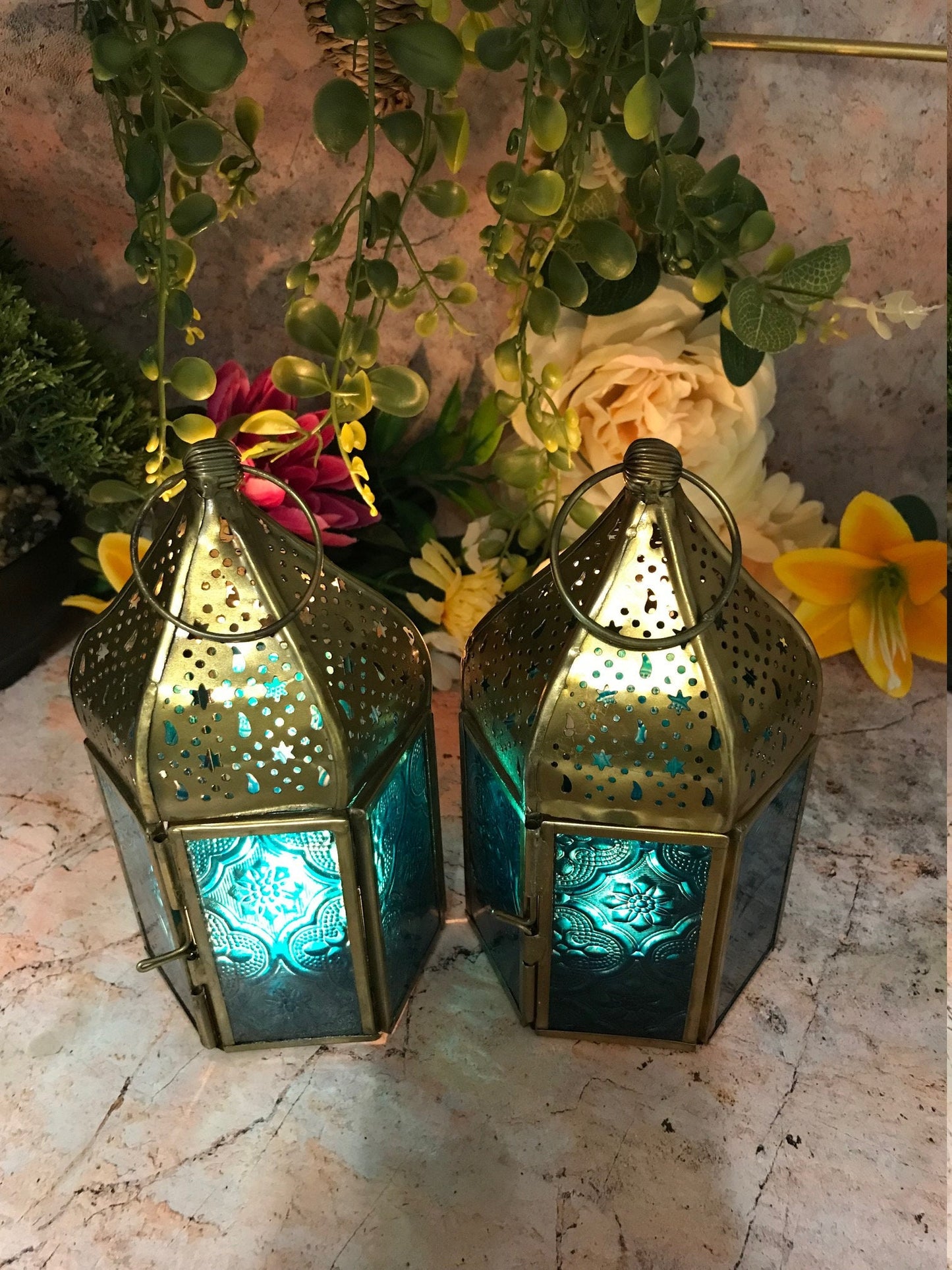 Set of Two Blue Glass Moroccan Style Lanterns Brass Tea Light Candle Holders Ornaments