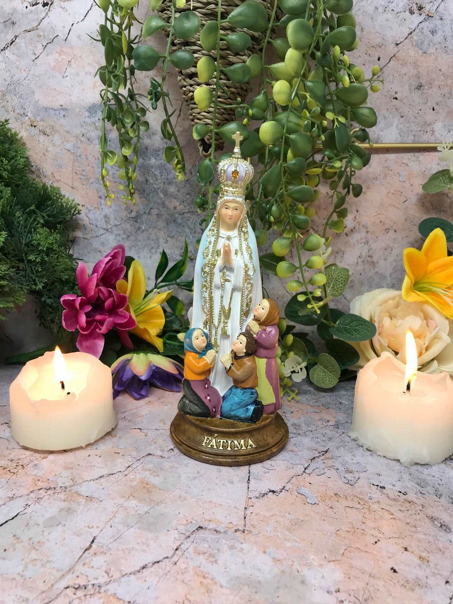 Blessed Virgin Mary Sculpture Our Lady of Fatima with Children Statue Ornament Figurine-Osiris Craftworks