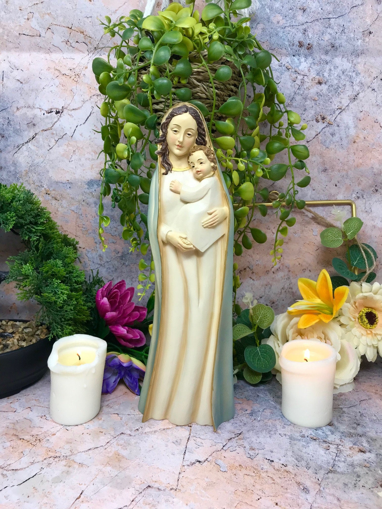 Virgin Mary Holding Baby Jesus Sculpture Statue Religious Ornament-Osiris Craftworks