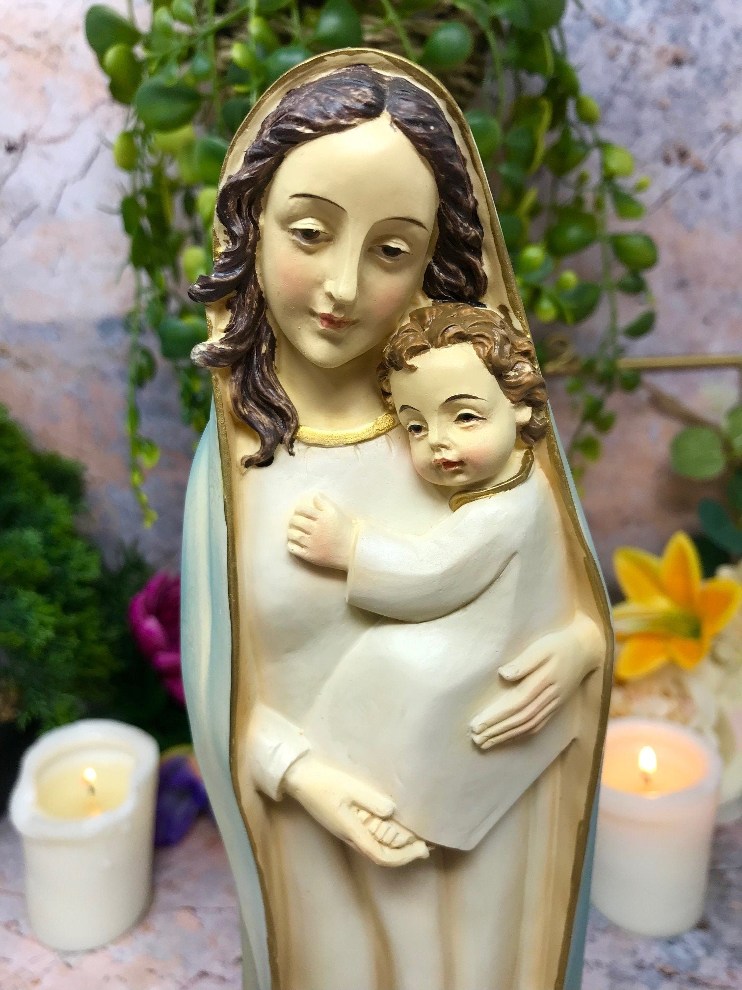 Virgin Mary Holding Baby Jesus Sculpture Statue Religious Ornament-Osiris Craftworks