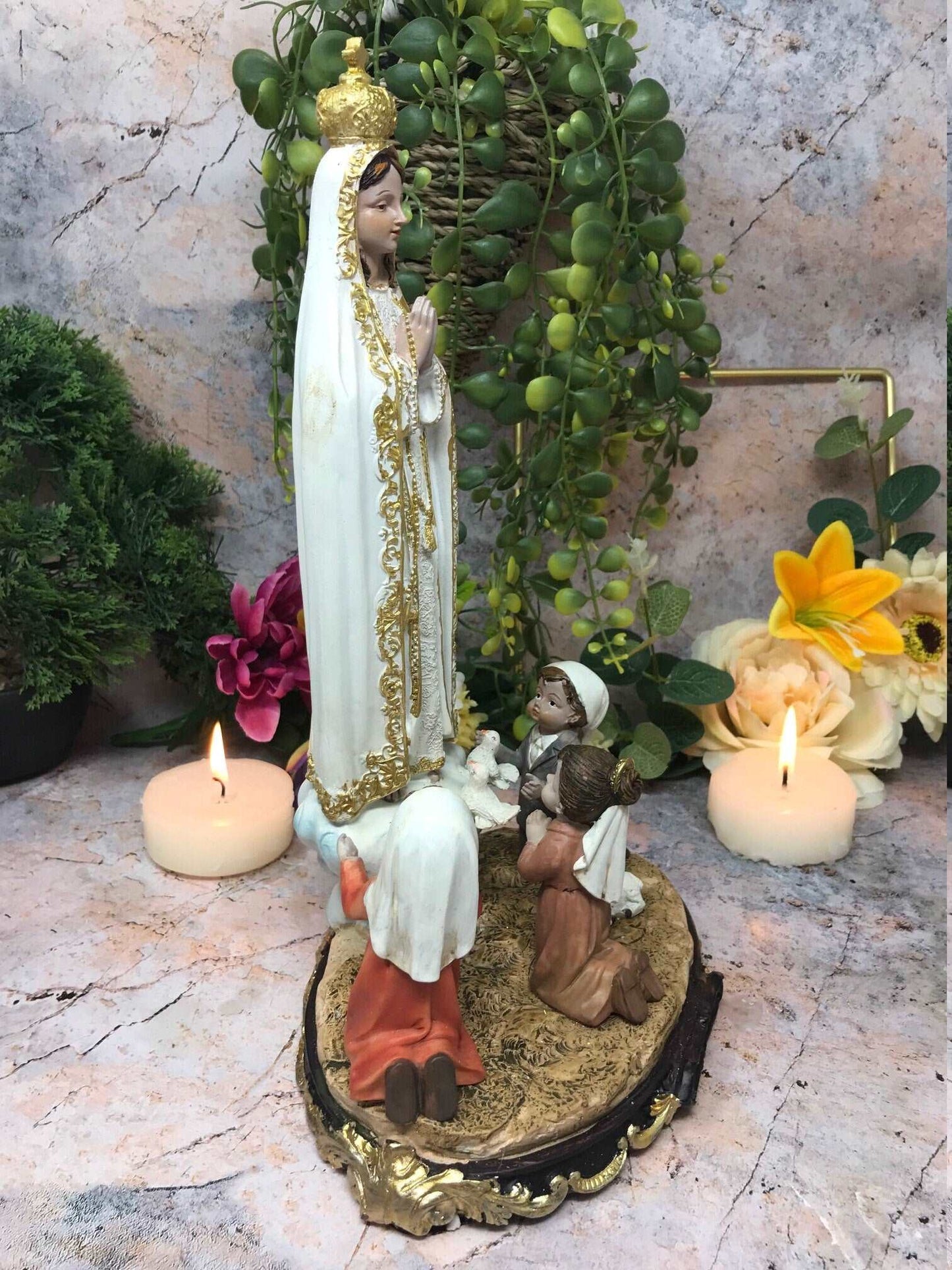 Blessed Virgin Mary Sculpture Our Lady of Fatima with Children Statue Figurine-Osiris Craftworks