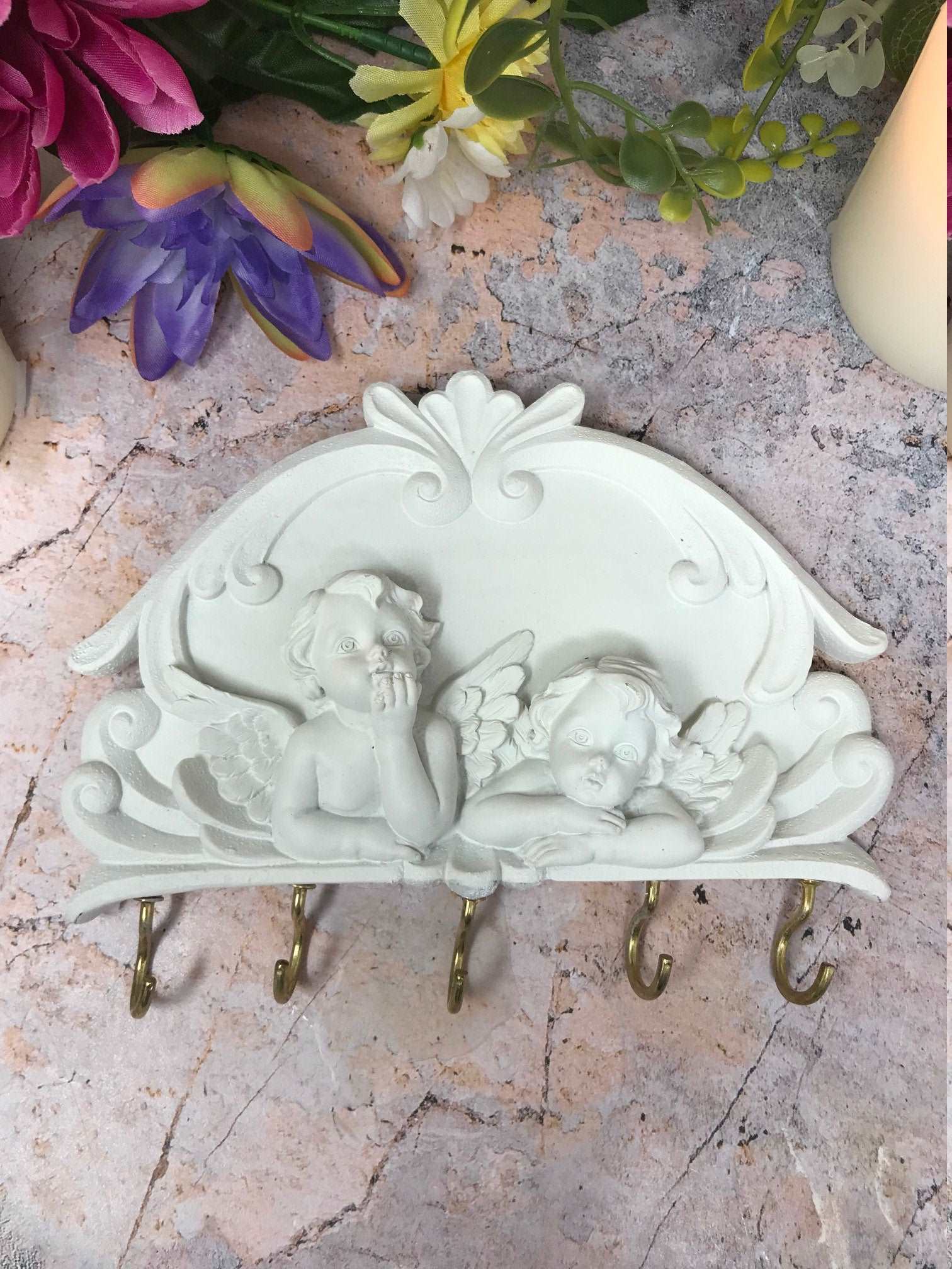 Art Deco Cherub Key Holder, Wall Hanger with Angelic Figures, Heavenly Inspired Ornament, Divine Cherubs Organizer, Angelic Entryway Decor-Osiris Craftworks