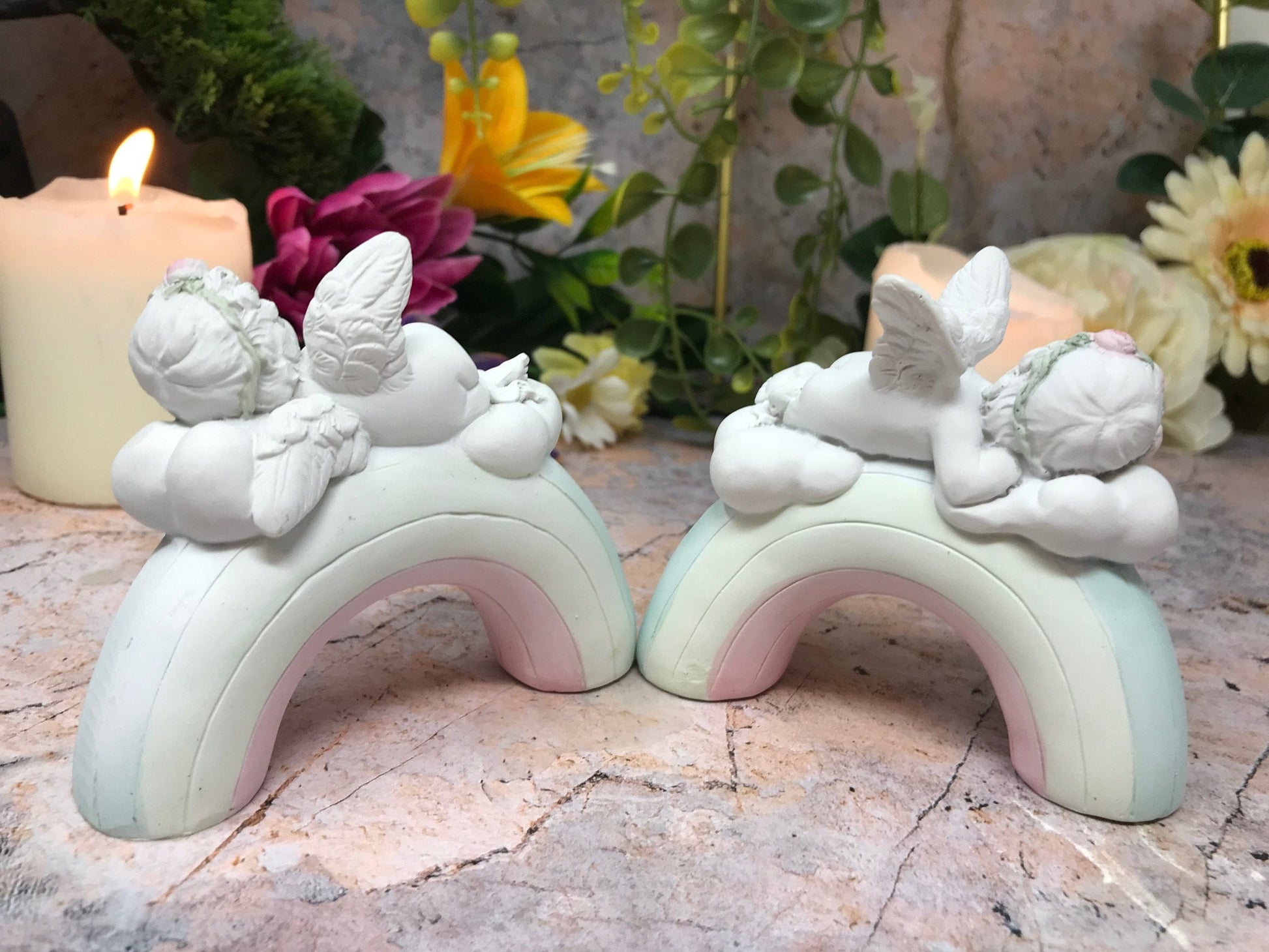 Pair of Guardian Angel Figurine Cherub on Rainbow Statue Ornament Sculpture-Osiris Craftworks