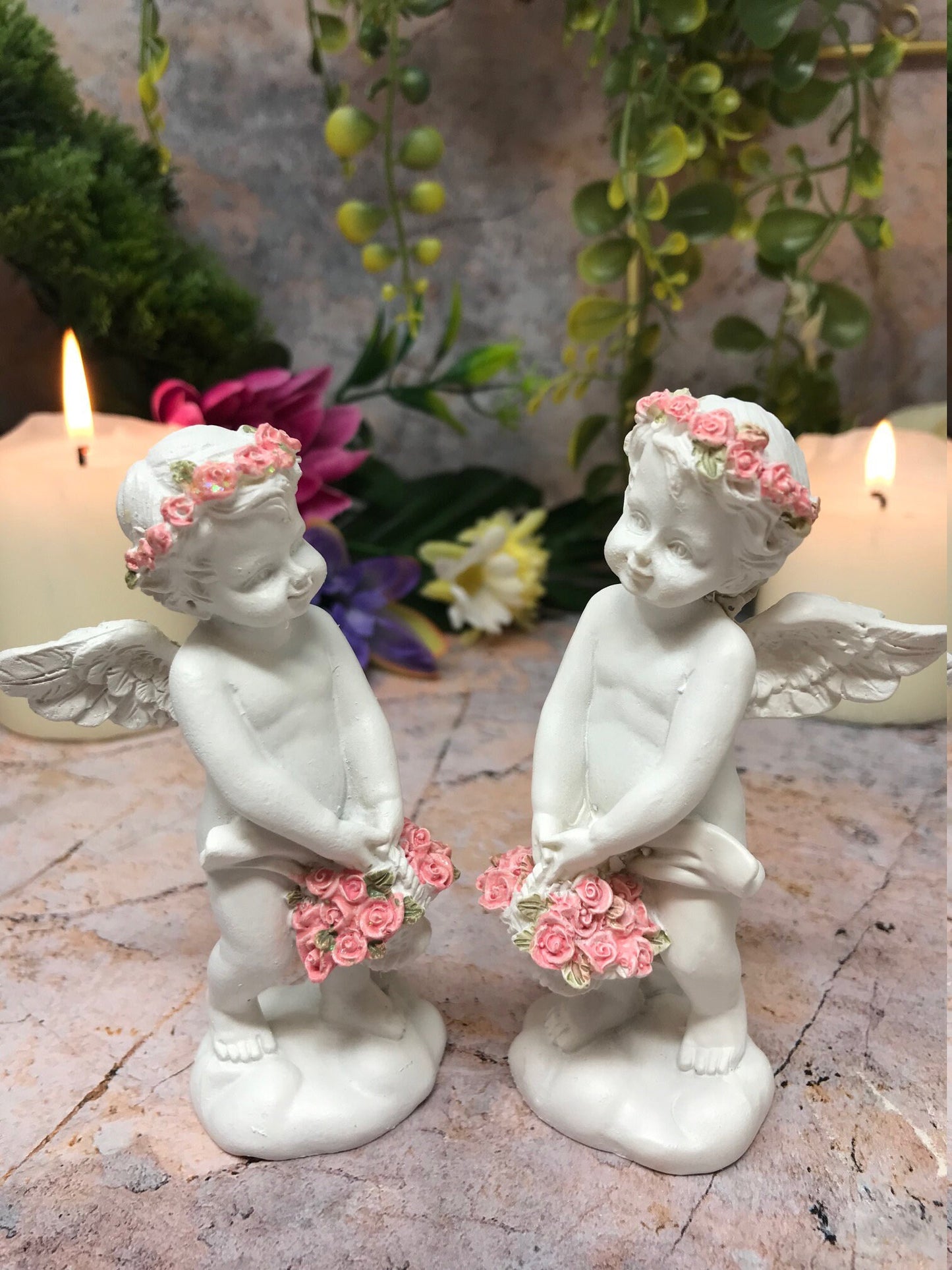 Pair of Guardian Angel Cherub Statue with Flower Accents - Heavenly Ornament Sculpture for Home Décor or Gifts-Osiris Craftworks